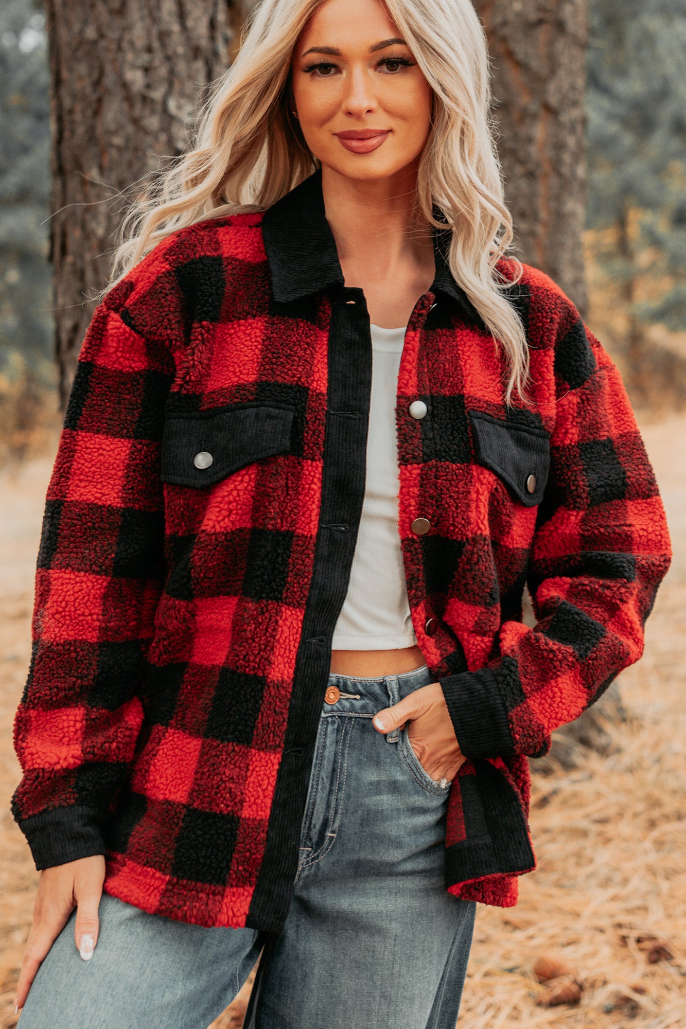 Holiday Hideaway Plaid Button-Up Sherpa Jacket (Red)-The Formal Wear