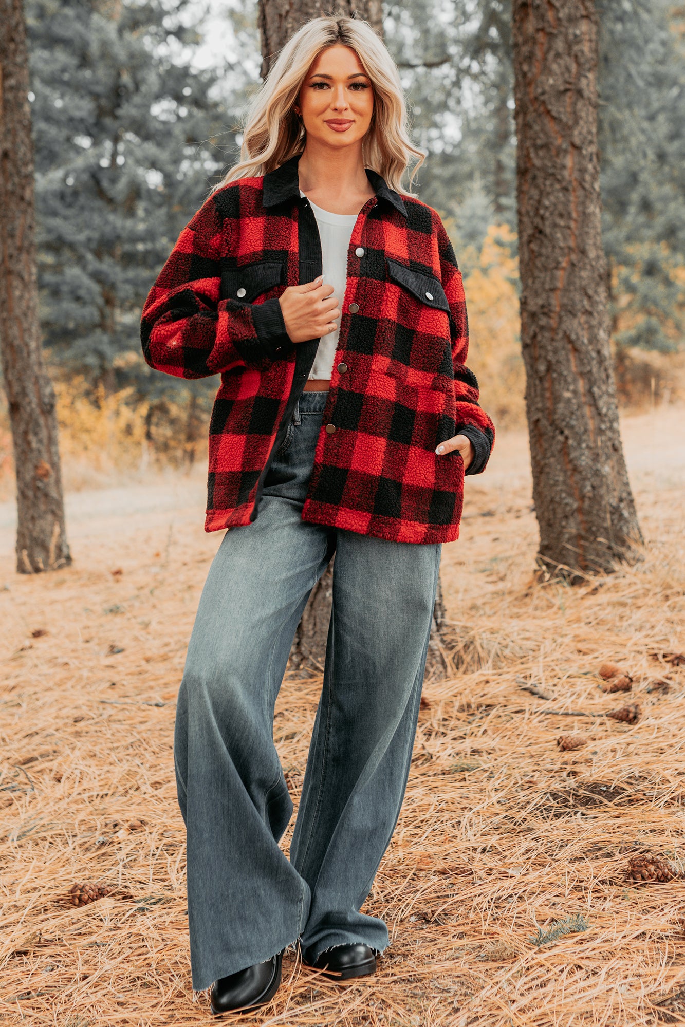 Holiday Hideaway Plaid Button-Up Sherpa Jacket (Red)-The Formal Wear