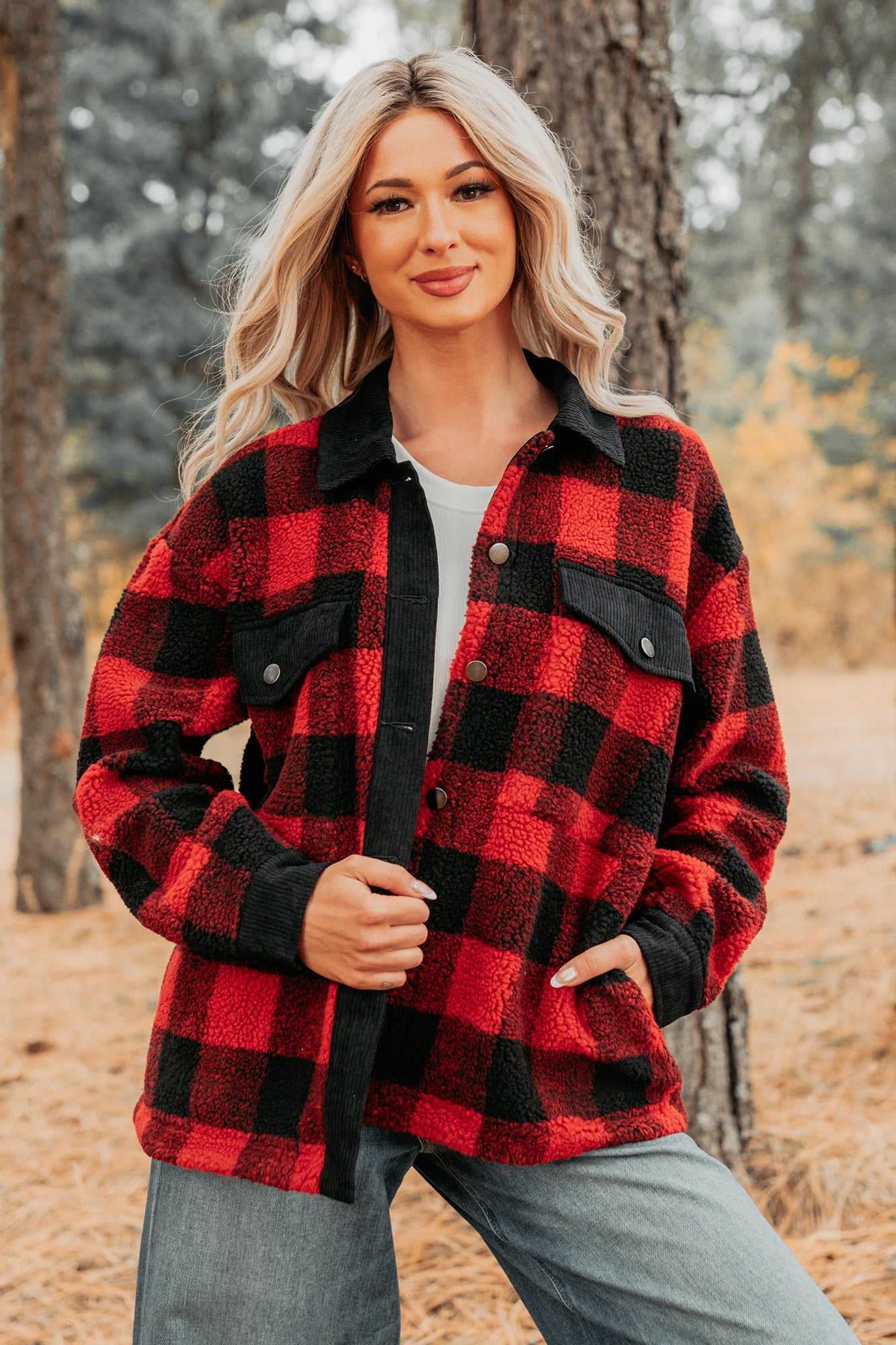 Holiday Hideaway Plaid Button-Up Sherpa Jacket (Red)-The Formal Wear