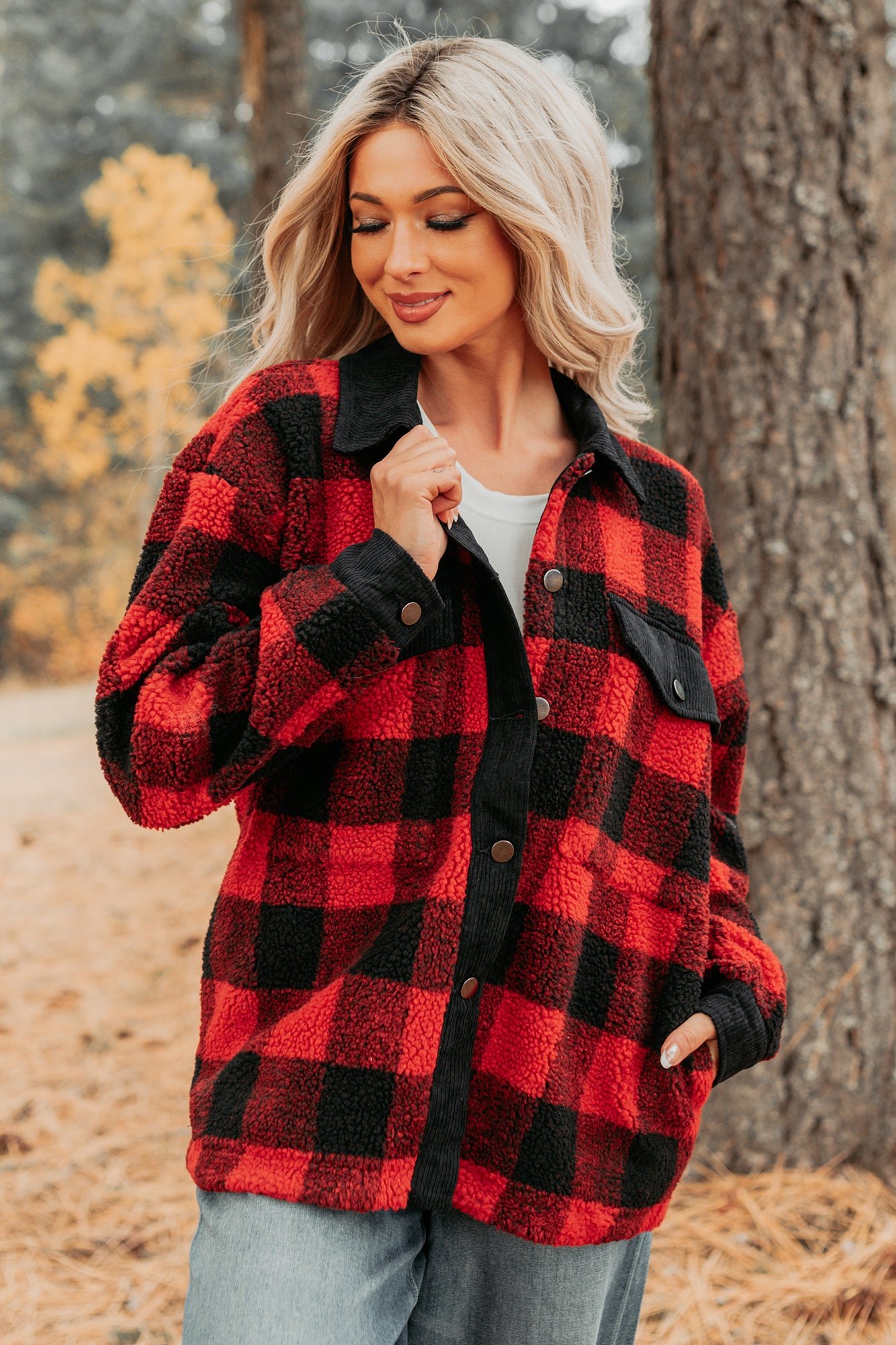 Holiday Hideaway Plaid Button-Up Sherpa Jacket (Red)-The Formal Wear
