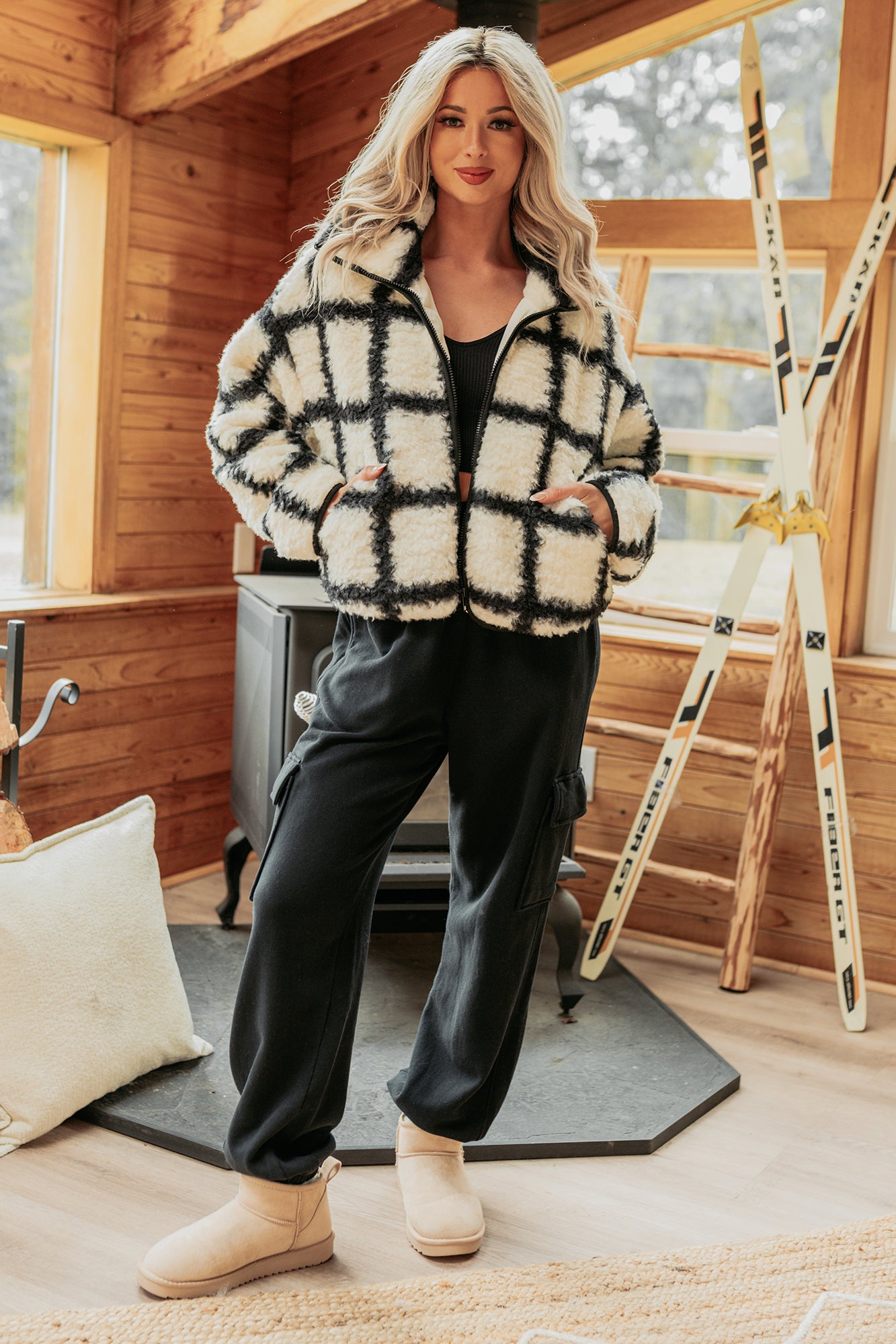 Cozy Carols Check Print Fleece Jacket (Cream/Black)-The Formal Wear