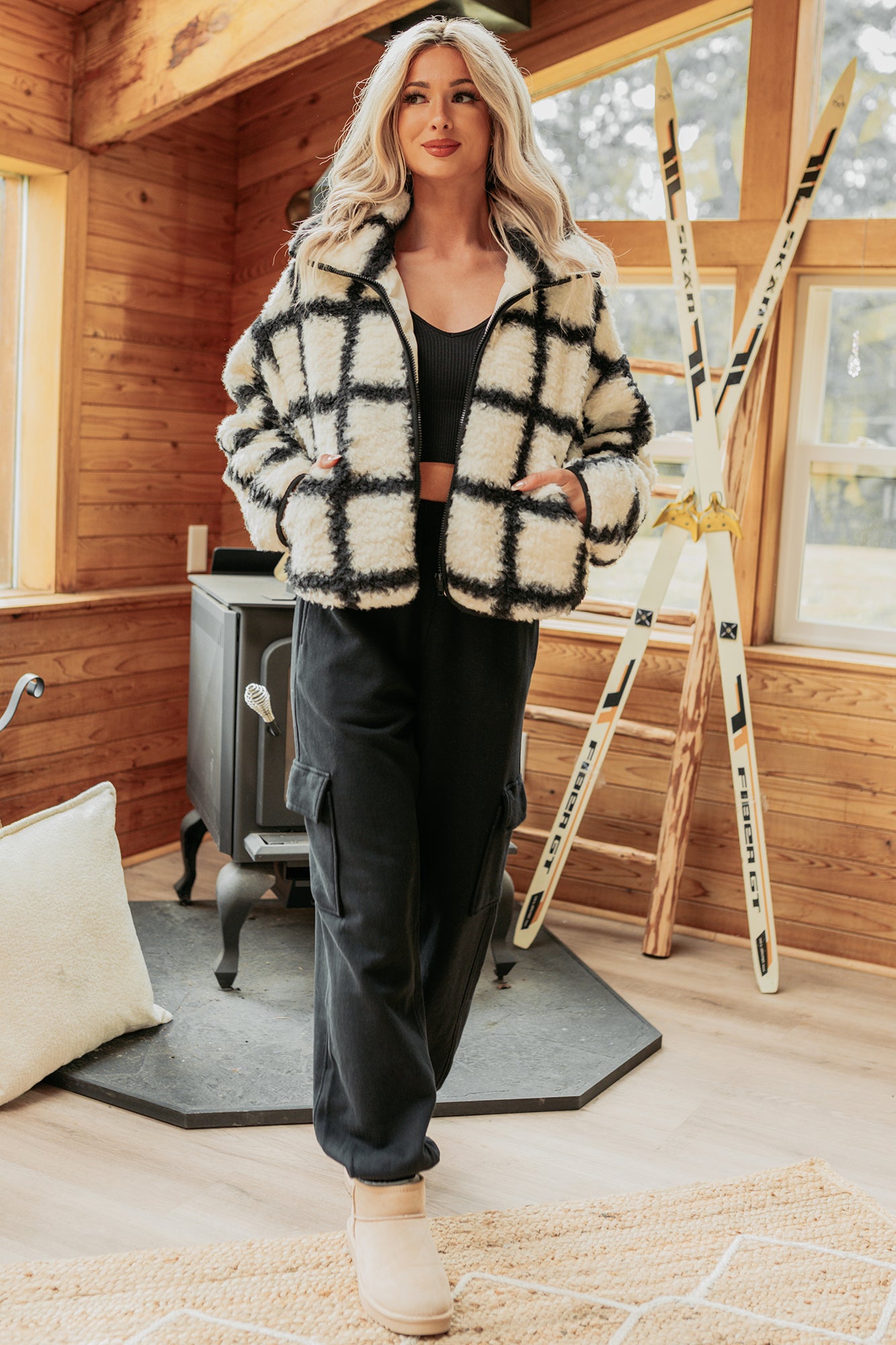 Cozy Carols Check Print Fleece Jacket (Cream/Black)-The Formal Wear