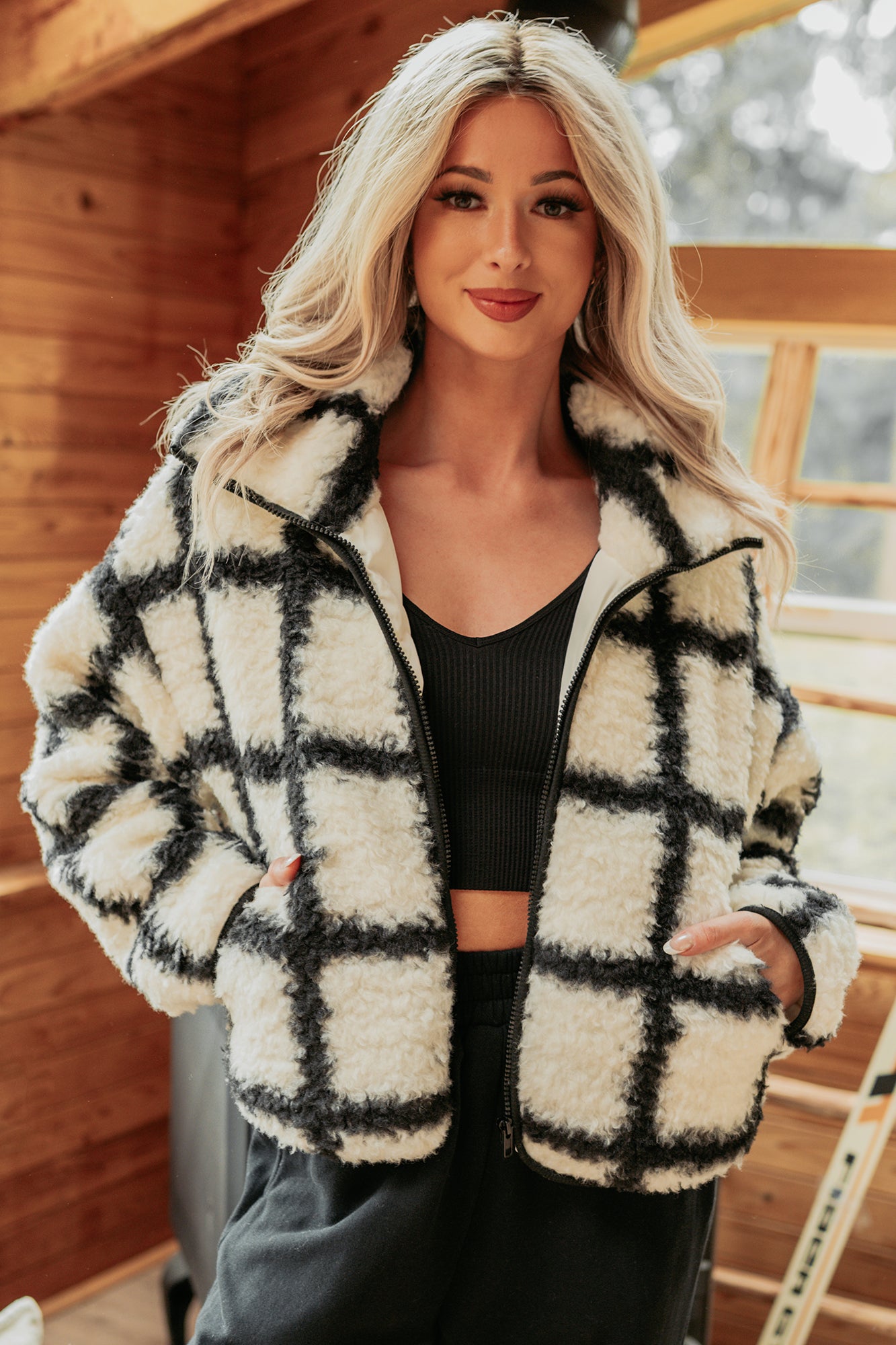 Cozy Carols Check Print Fleece Jacket (Cream/Black)-The Formal Wear