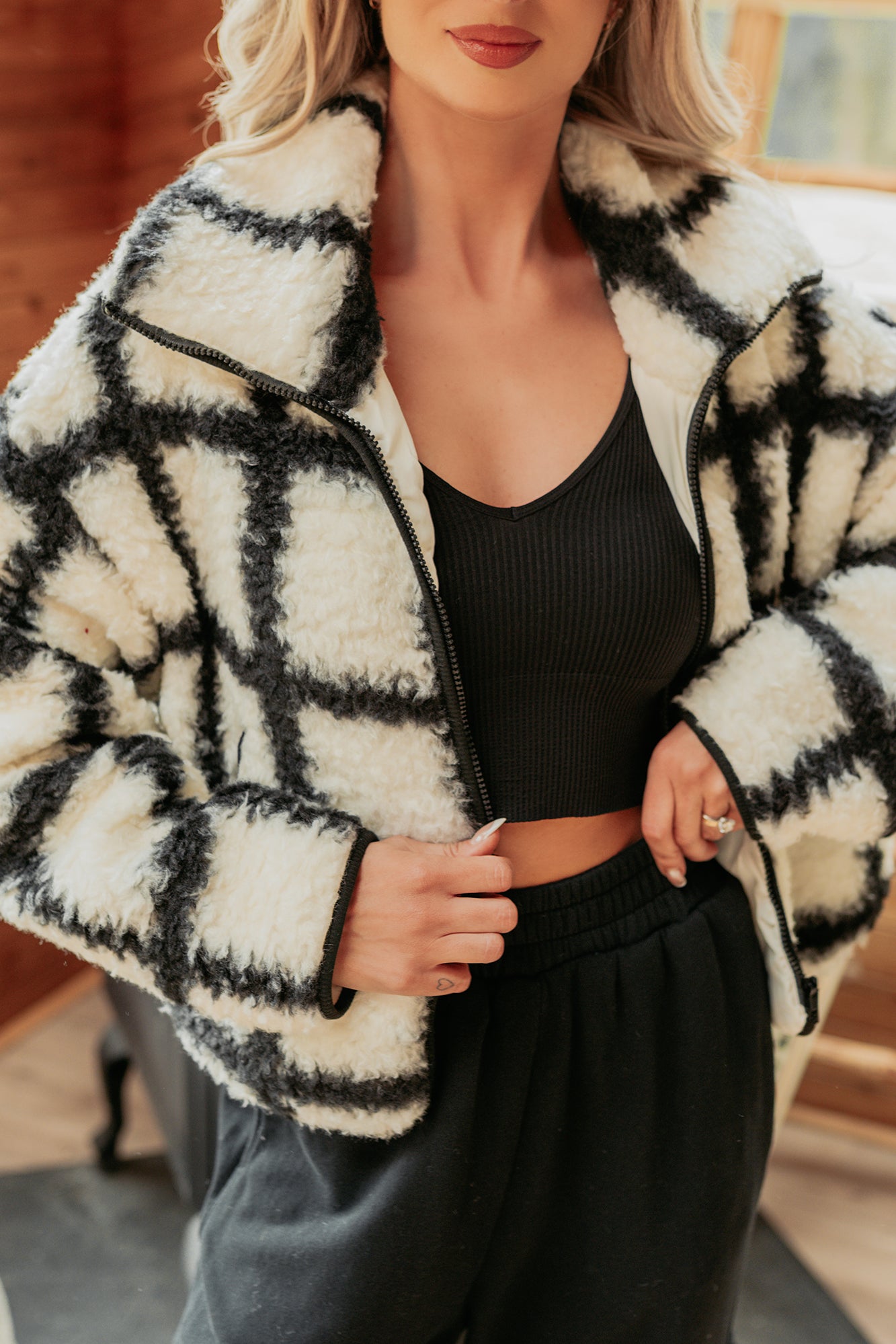 Cozy Carols Check Print Fleece Jacket (Cream/Black)-The Formal Wear