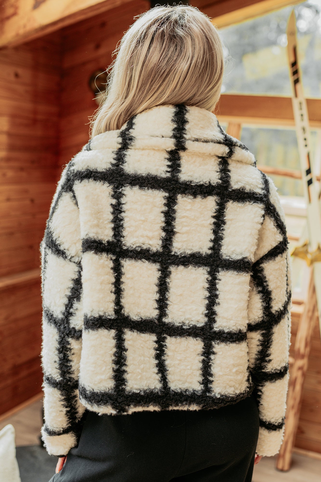 Cozy Carols Check Print Fleece Jacket (Cream/Black)-The Formal Wear