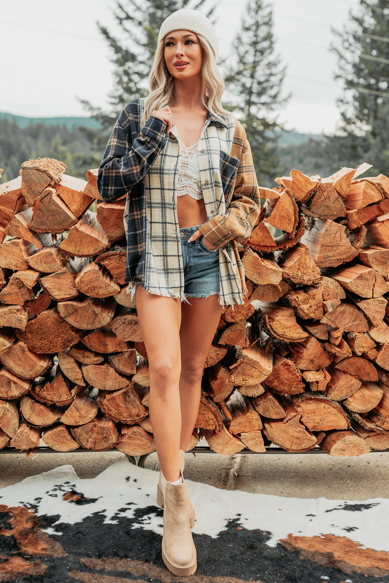 Chill Hour Oversized Mixed Plaid Shacket (Multi/Navy) - Ships by 12/5-The Formal Wear