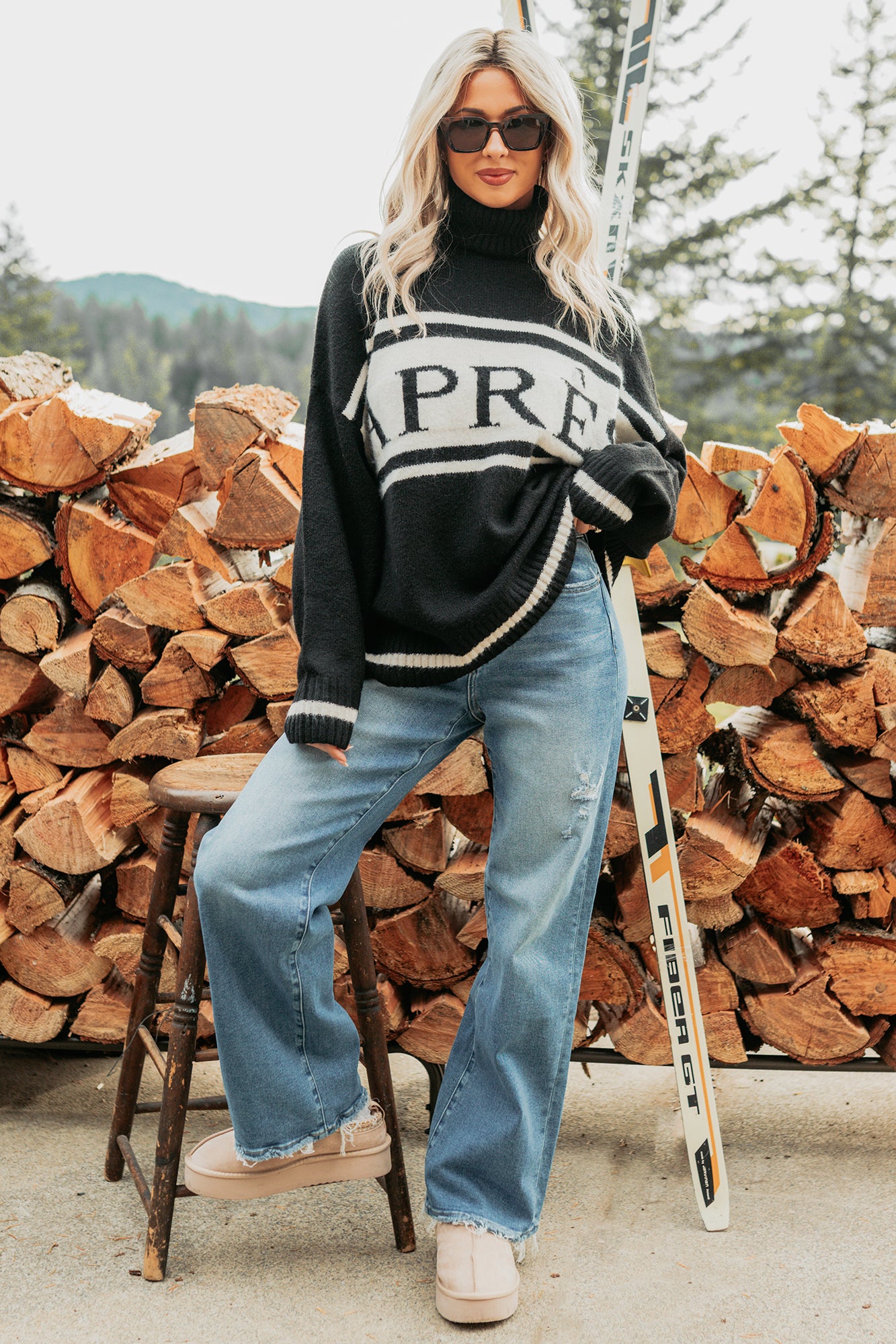 Mountain High "Aprés" Graphic Turtleneck Knit Sweater (Black)-The Formal Wear