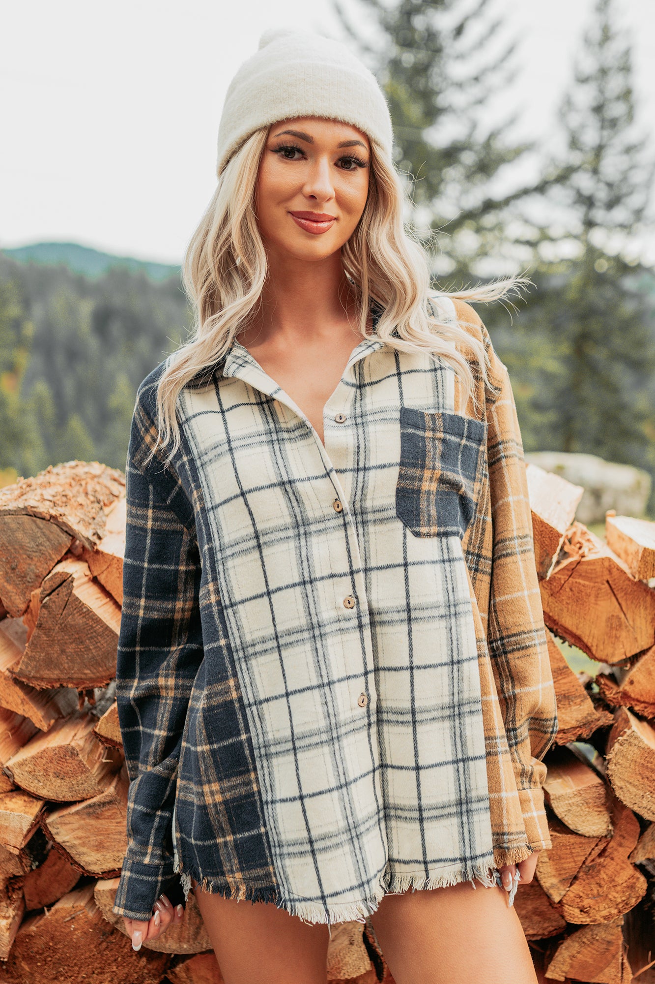 Chill Hour Oversized Mixed Plaid Shacket (Multi/Navy) - Ships by 12/5-The Formal Wear
