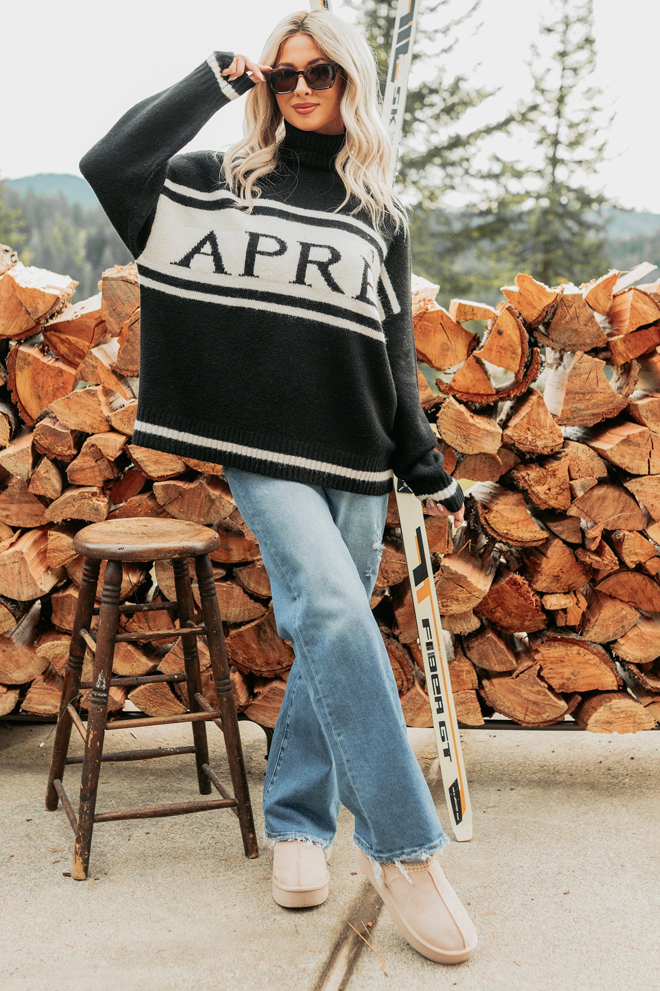 Mountain High "Aprés" Graphic Turtleneck Knit Sweater (Black)-The Formal Wear