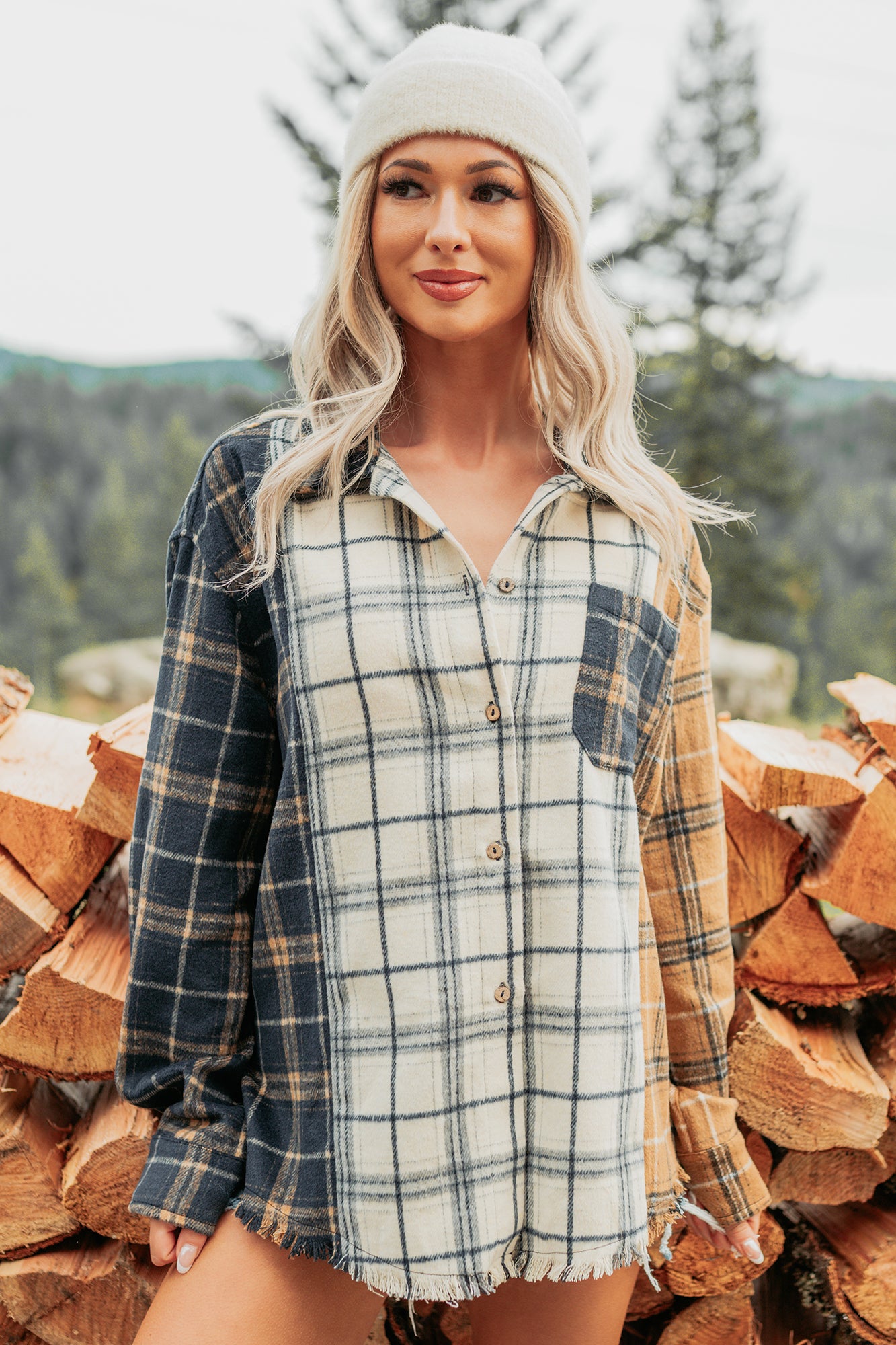 Chill Hour Oversized Mixed Plaid Shacket (Multi/Navy) - Ships by 12/5-The Formal Wear