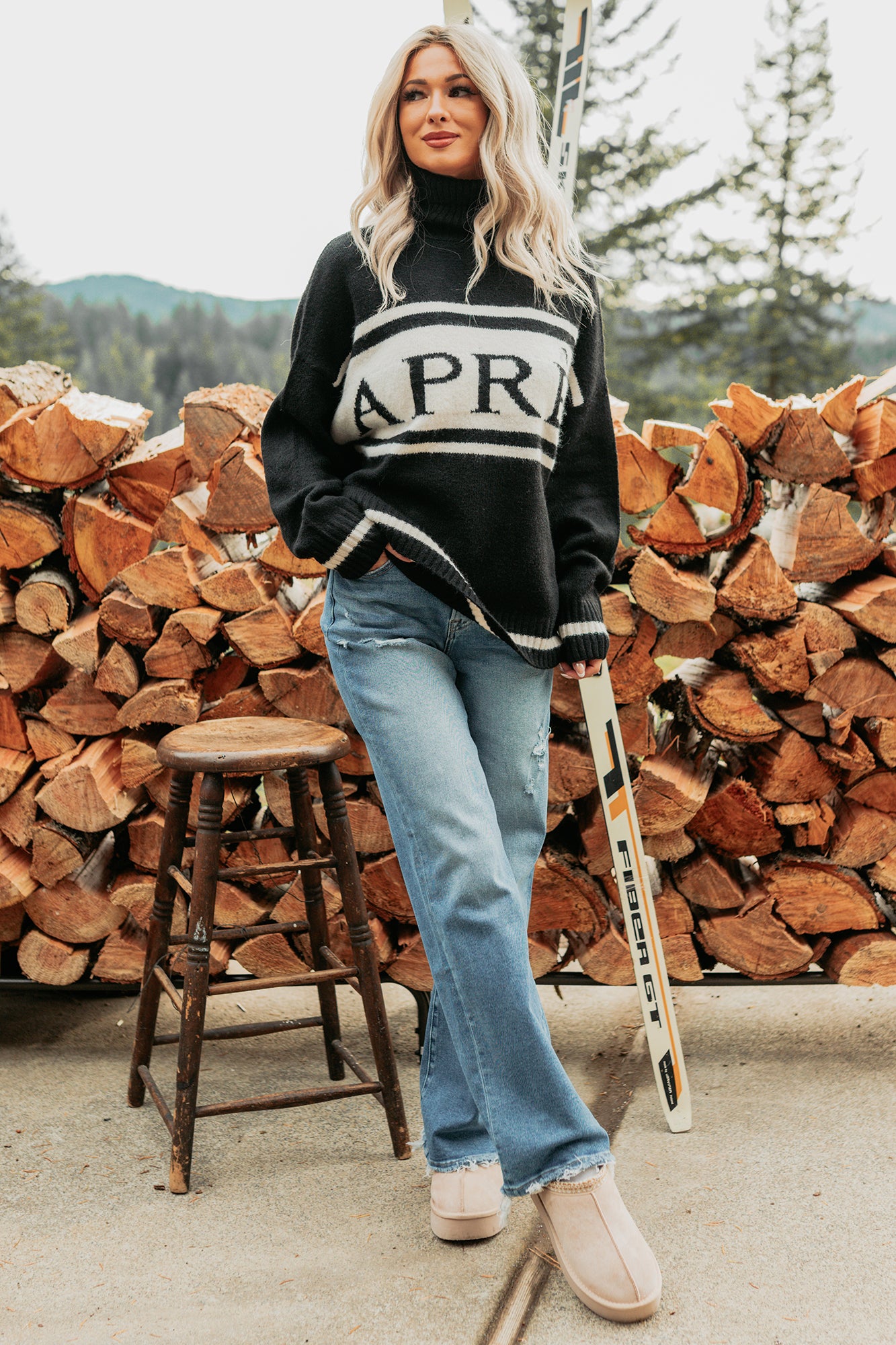 Mountain High "Aprés" Graphic Turtleneck Knit Sweater (Black)-The Formal Wear