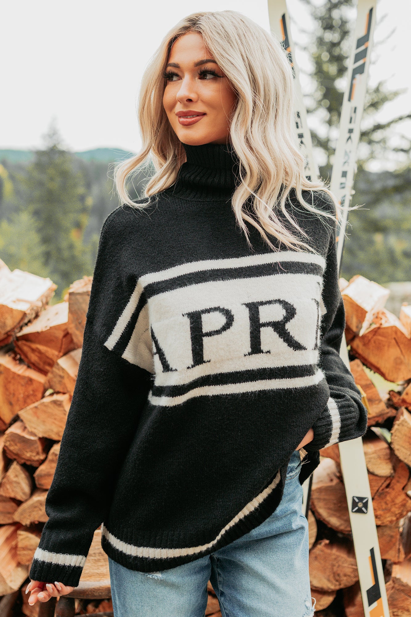 Mountain High "Aprés" Graphic Turtleneck Knit Sweater (Black)-The Formal Wear