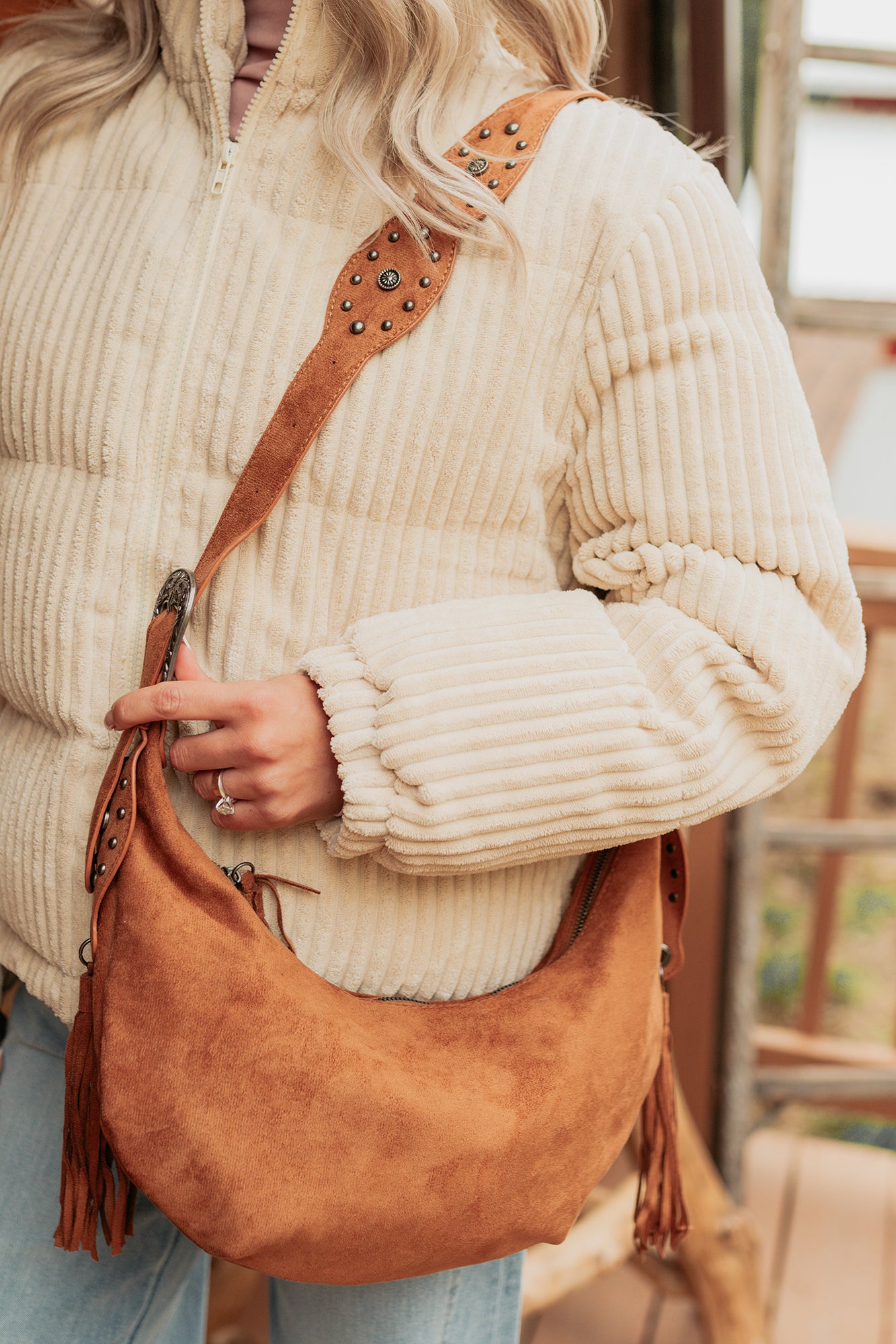 Fierce Glow Faux Suede Buckle Strap Tassel Bag (Light Brown)-The Formal Wear
