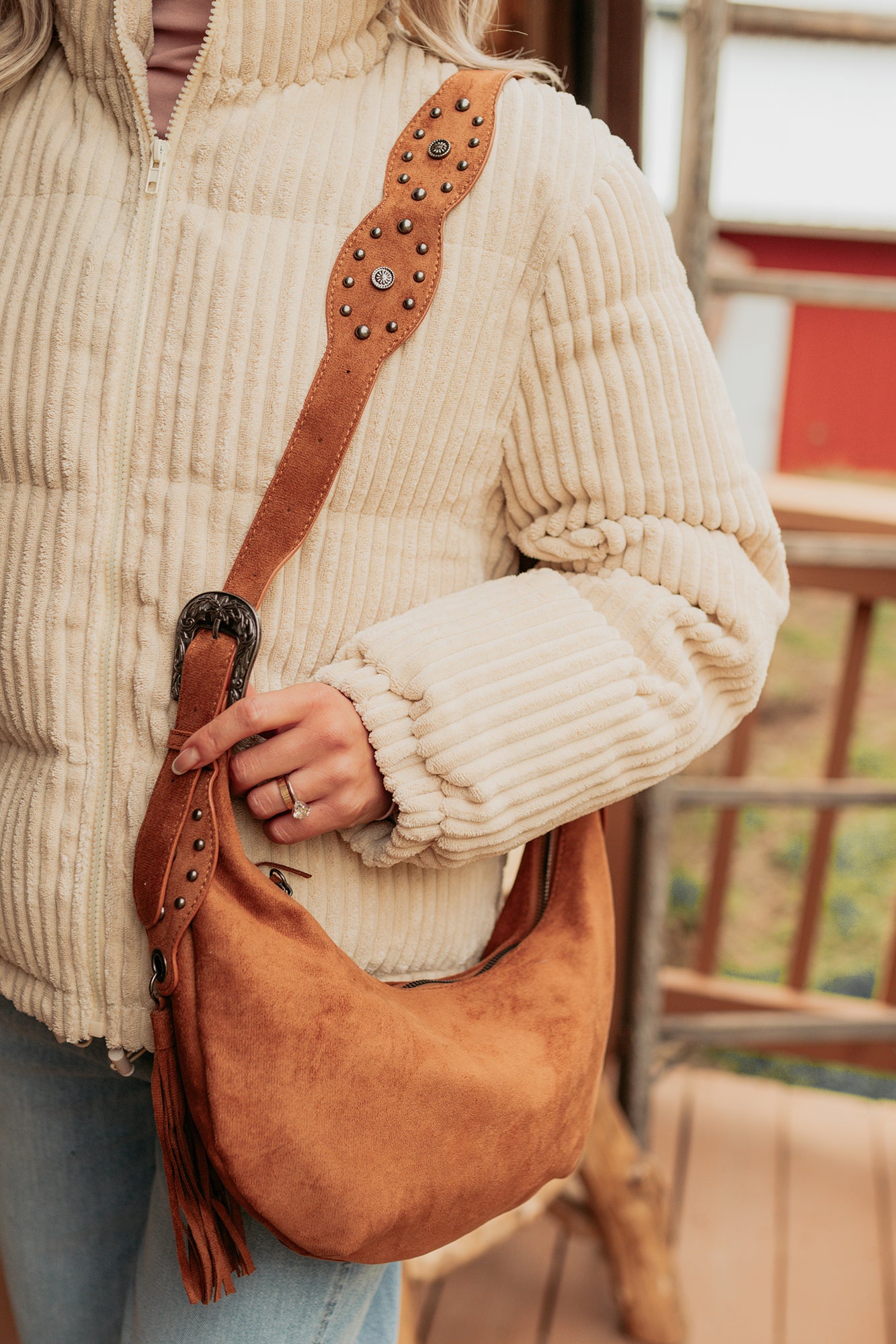 Fierce Glow Faux Suede Buckle Strap Tassel Bag (Light Brown)-The Formal Wear