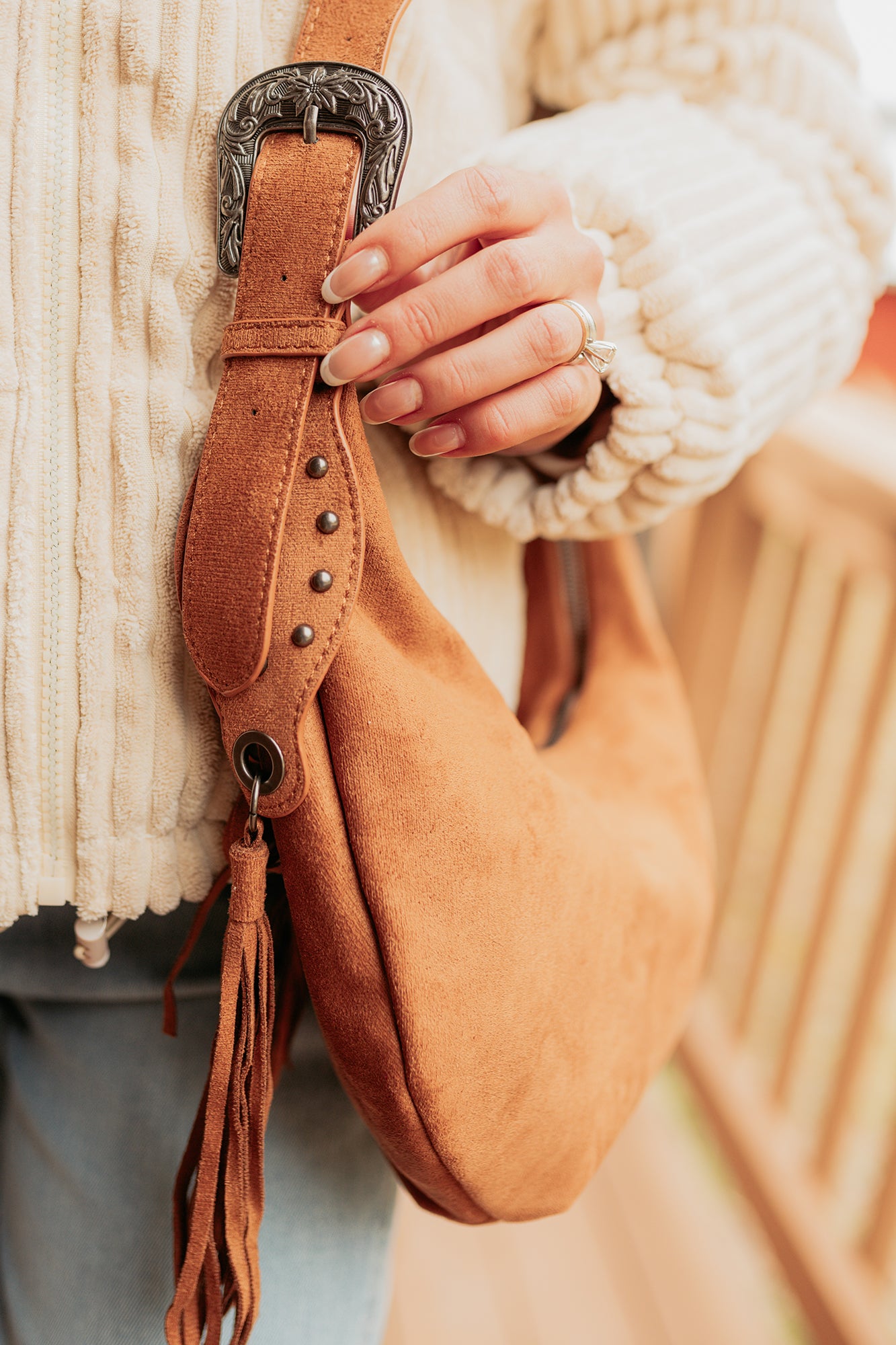 Fierce Glow Faux Suede Buckle Strap Tassel Bag (Light Brown)-The Formal Wear