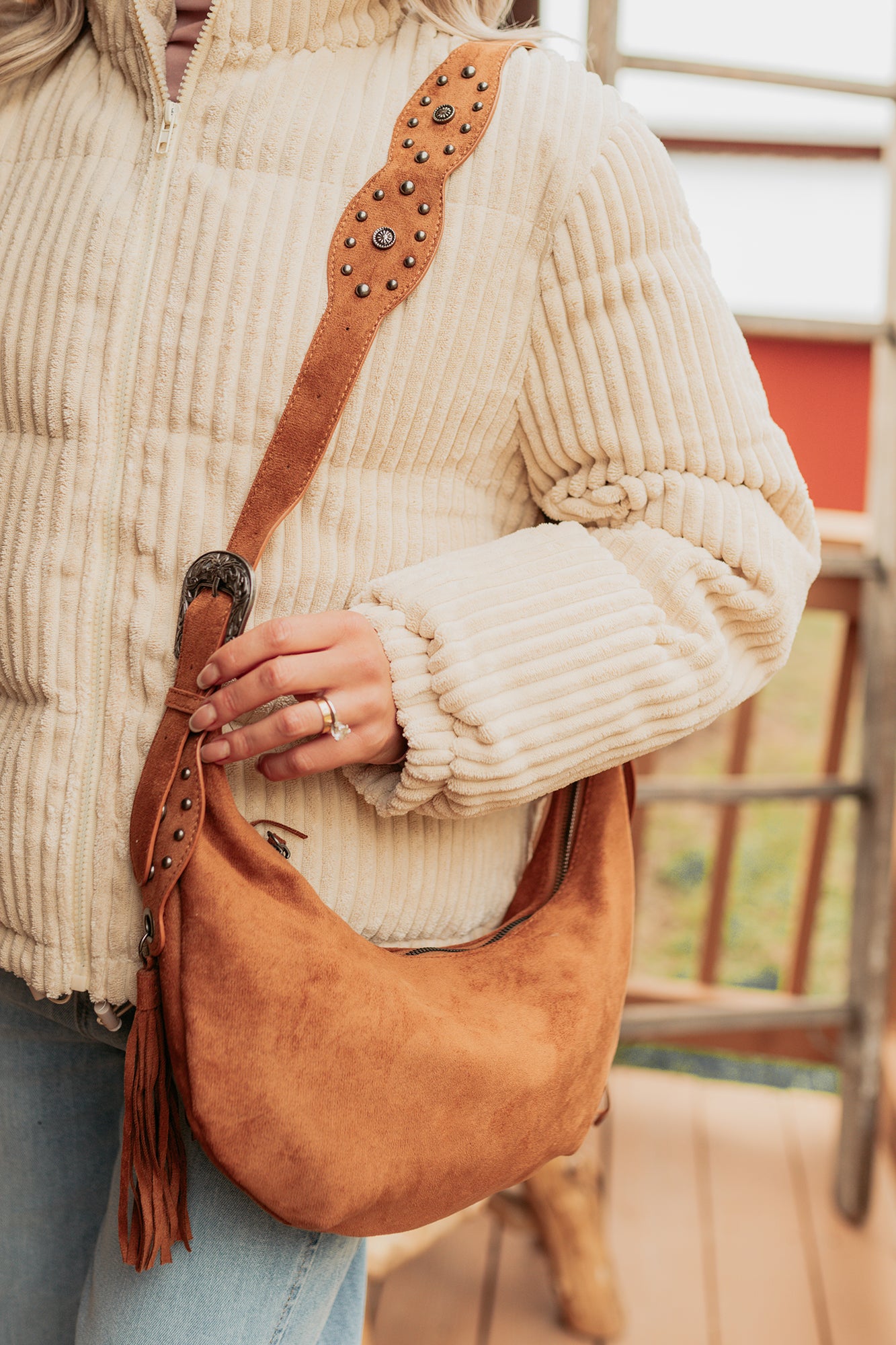 Fierce Glow Faux Suede Buckle Strap Tassel Bag (Light Brown)-The Formal Wear