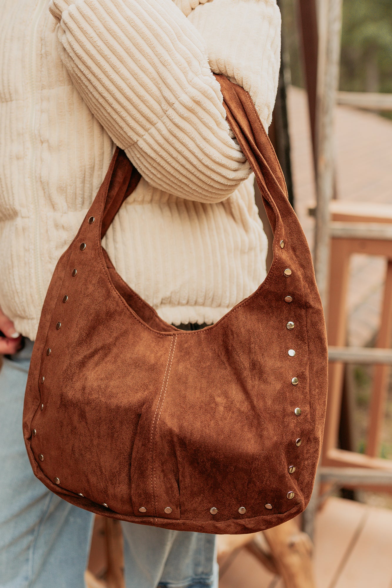 Chic Instinct Faux Suede Studded Handbag (Light Brown)-The Formal Wear