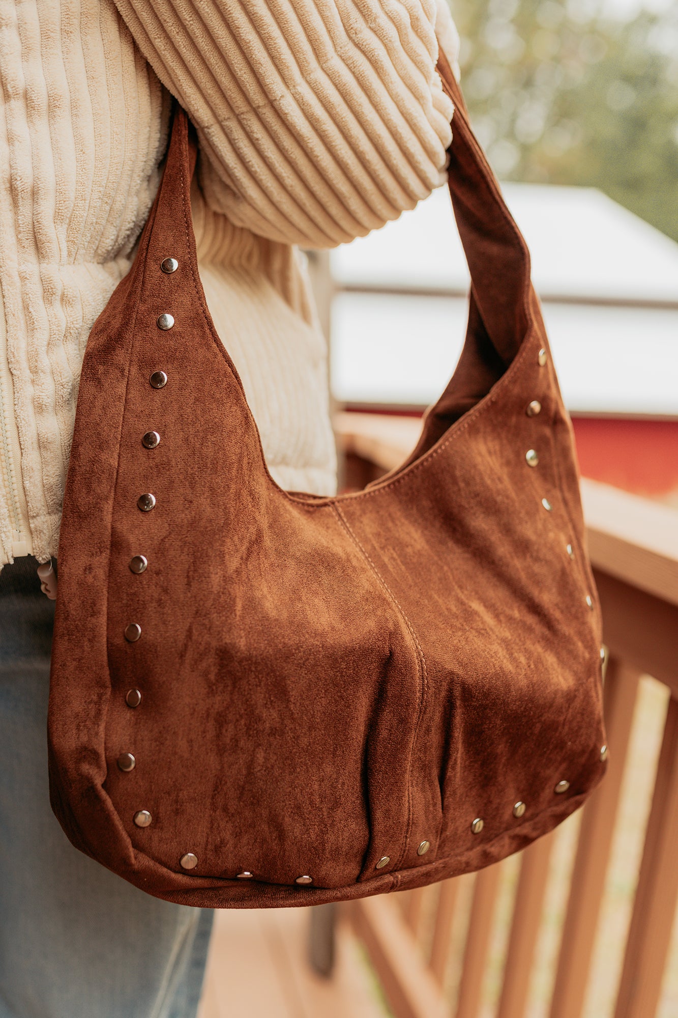 Chic Instinct Faux Suede Studded Handbag (Light Brown)-The Formal Wear