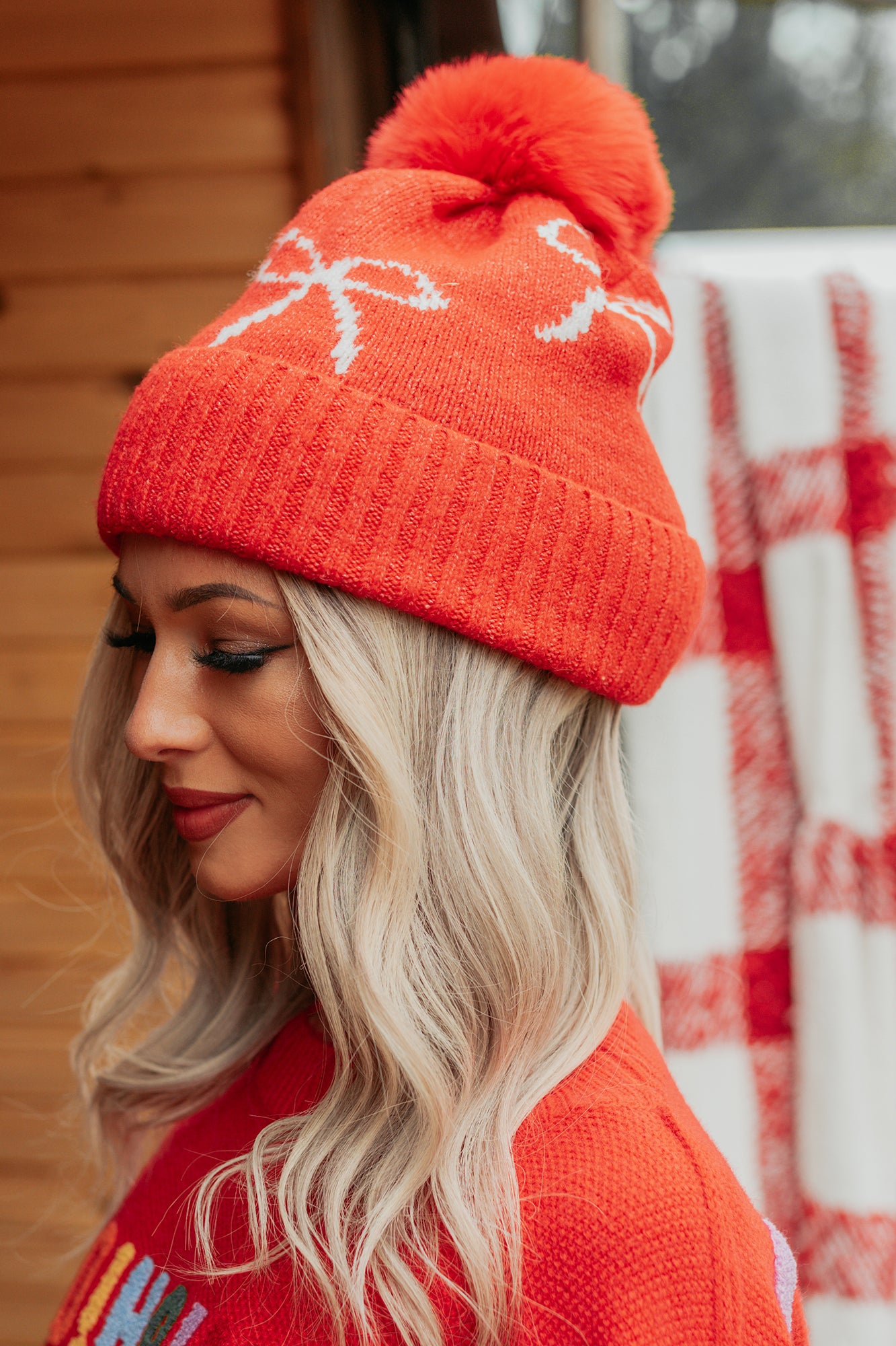 Rested & Ready Bow Detail Pom Pom Beanie (Red)-The Formal Wear