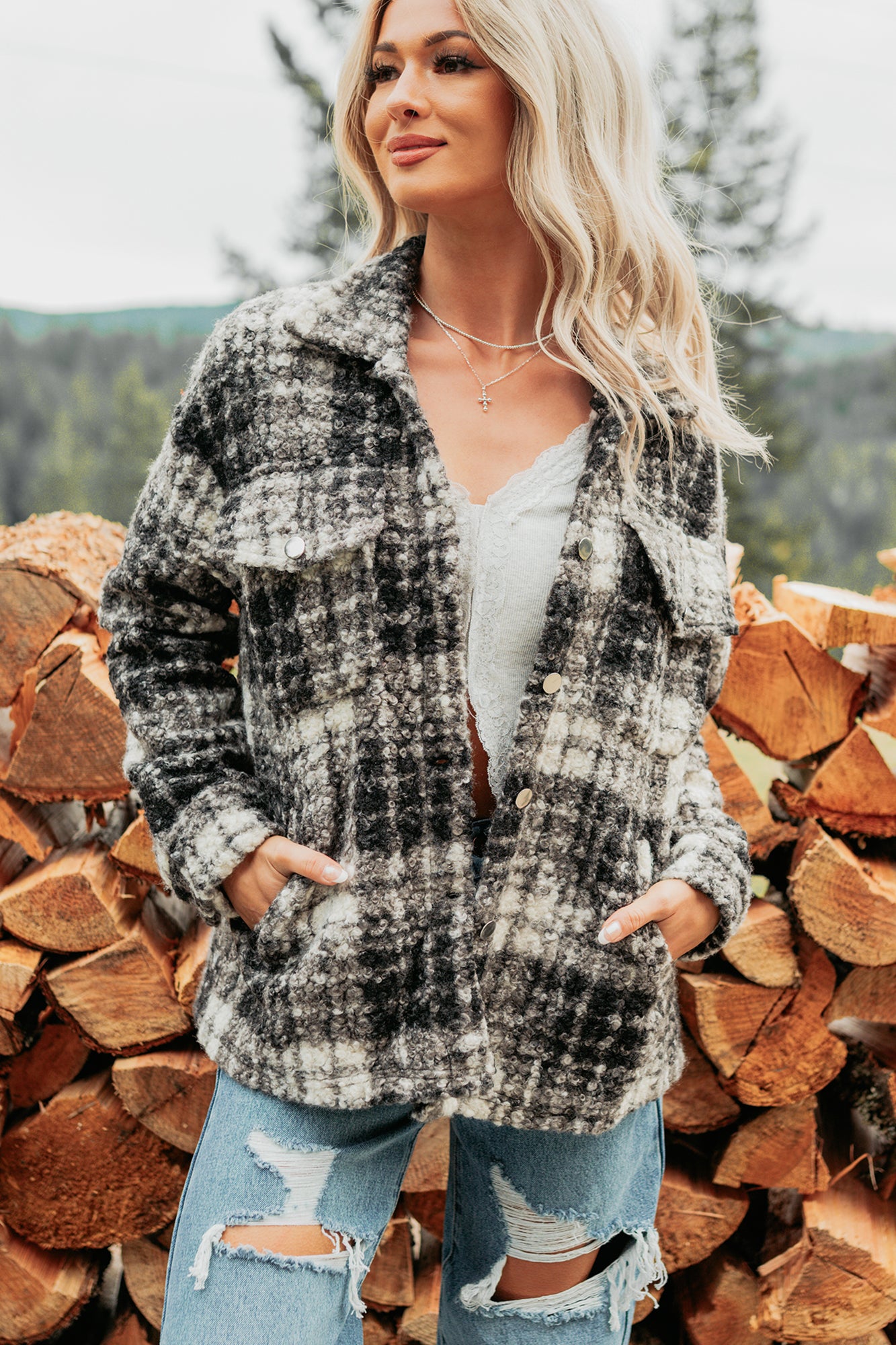 Deadline Driven Plaid Boucle Button-Up Jacket (Black)-The Formal Wear