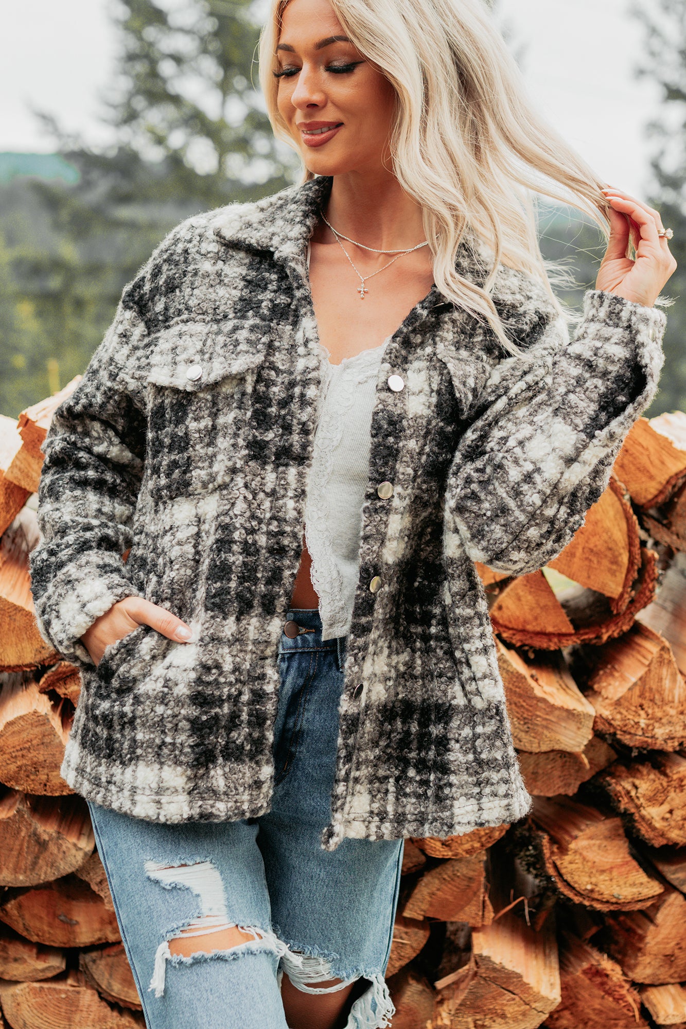 Deadline Driven Plaid Boucle Button-Up Jacket (Black)-The Formal Wear