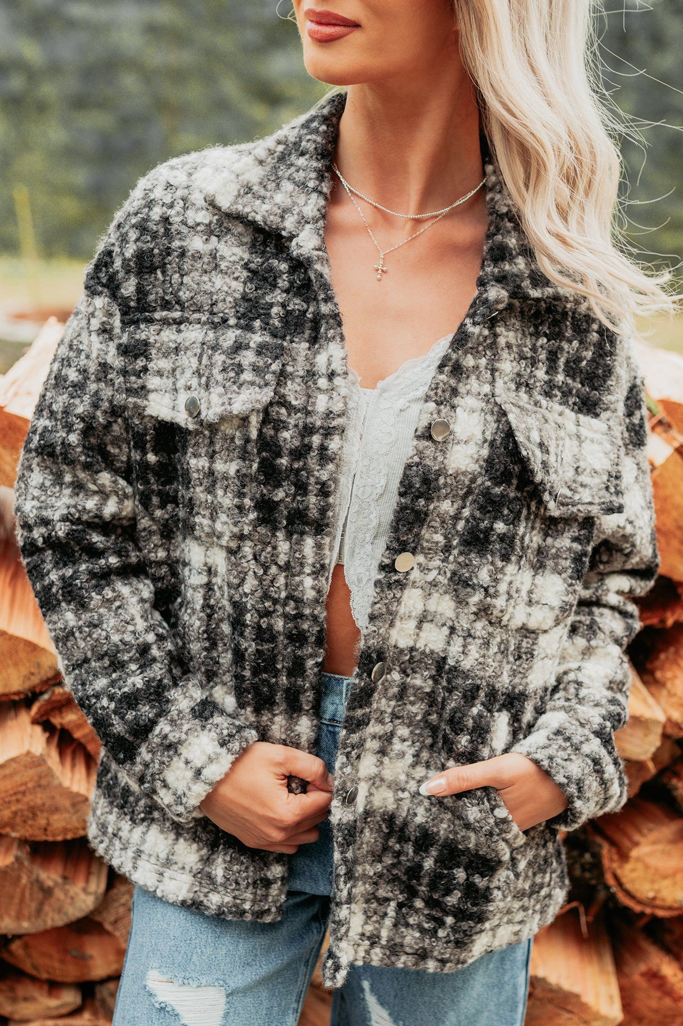 Deadline Driven Plaid Boucle Button-Up Jacket (Black)-The Formal Wear