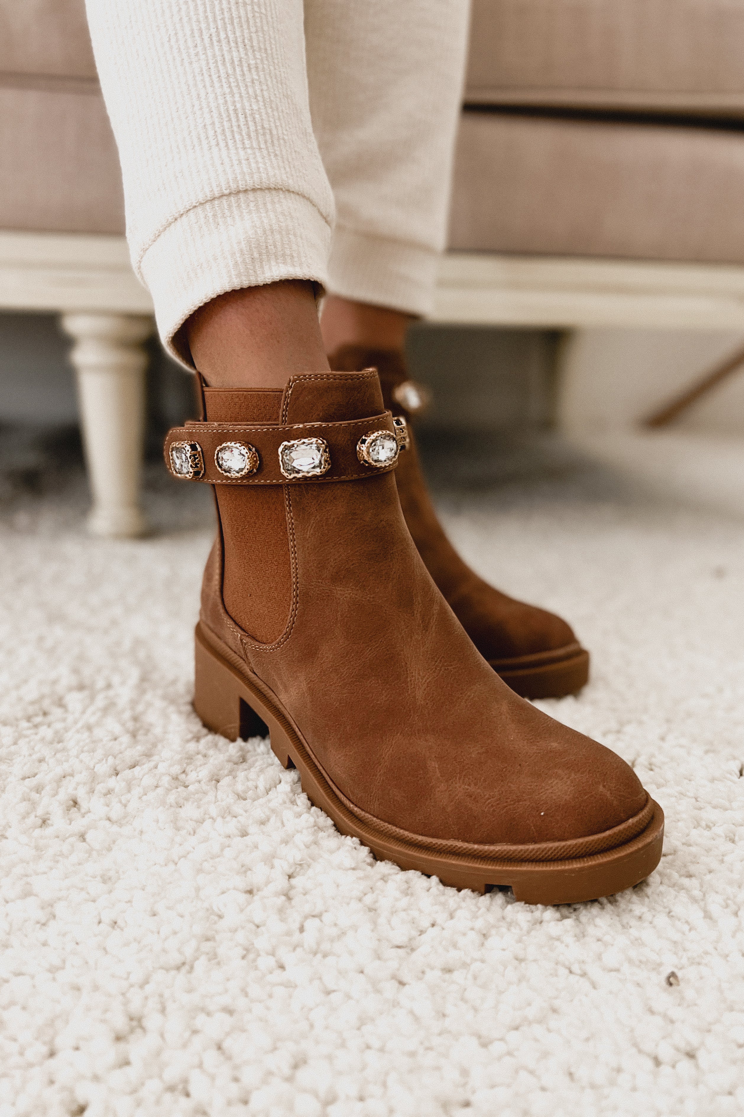 Finished With You Rhinestone Strap Booties (Tan)-The Formal Wear