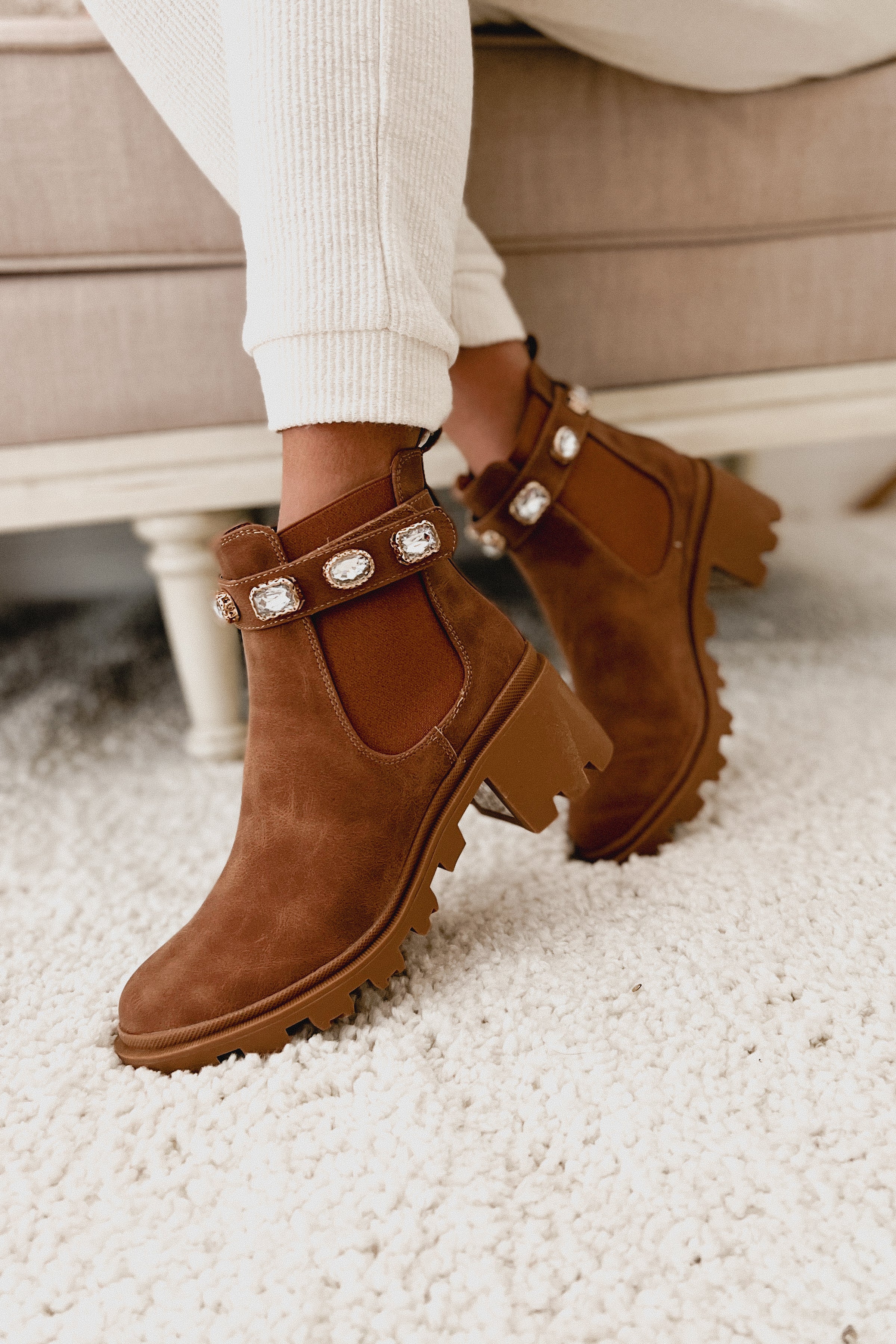 Finished With You Rhinestone Strap Booties (Tan)-The Formal Wear
