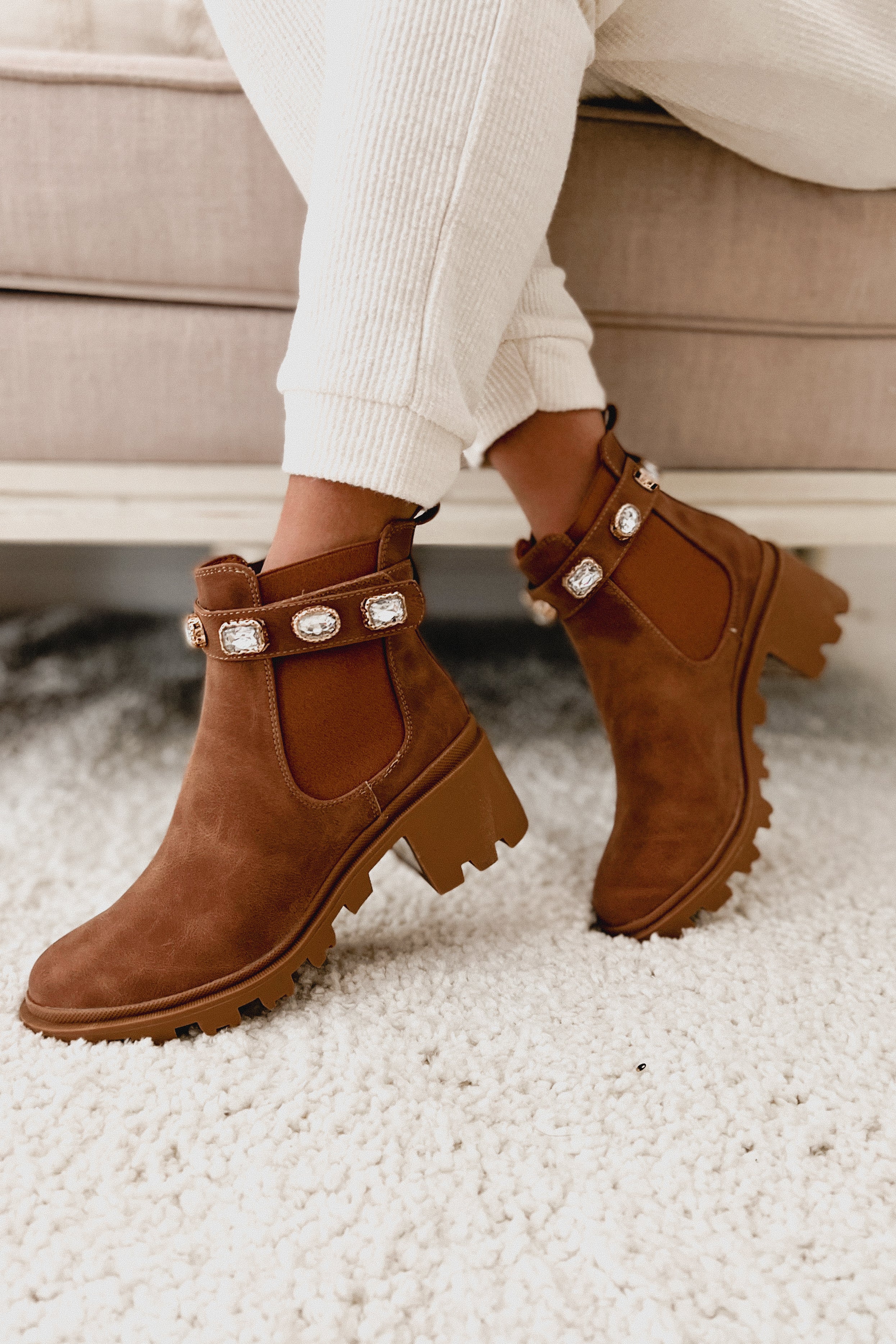 Finished With You Rhinestone Strap Booties (Tan)-The Formal Wear