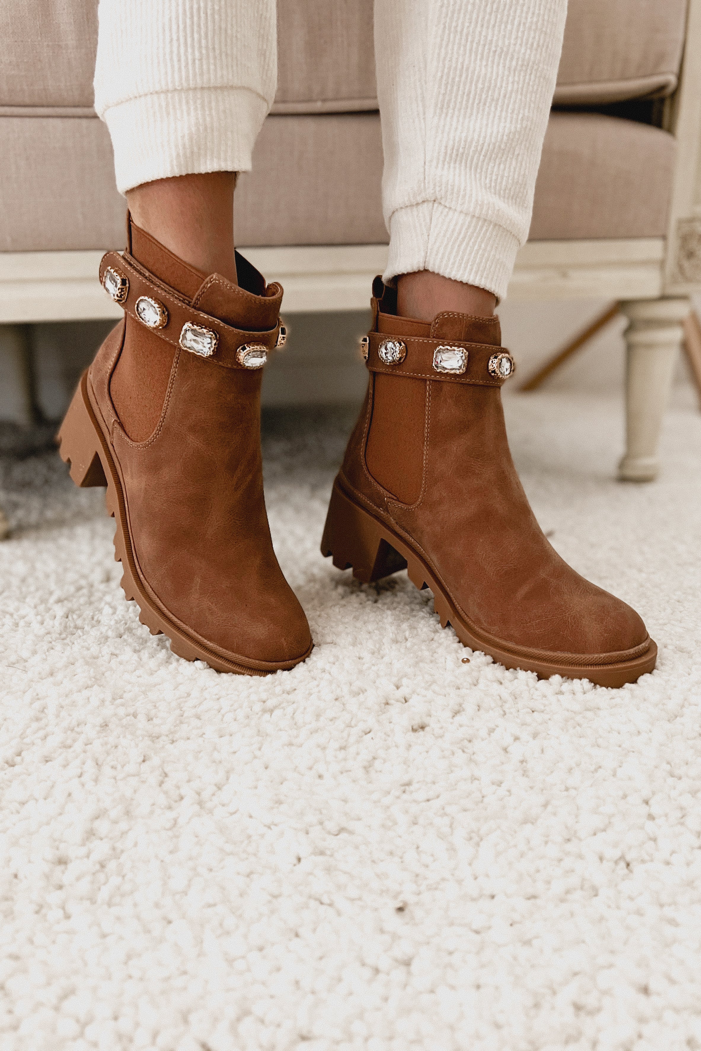 Finished With You Rhinestone Strap Booties (Tan)-The Formal Wear