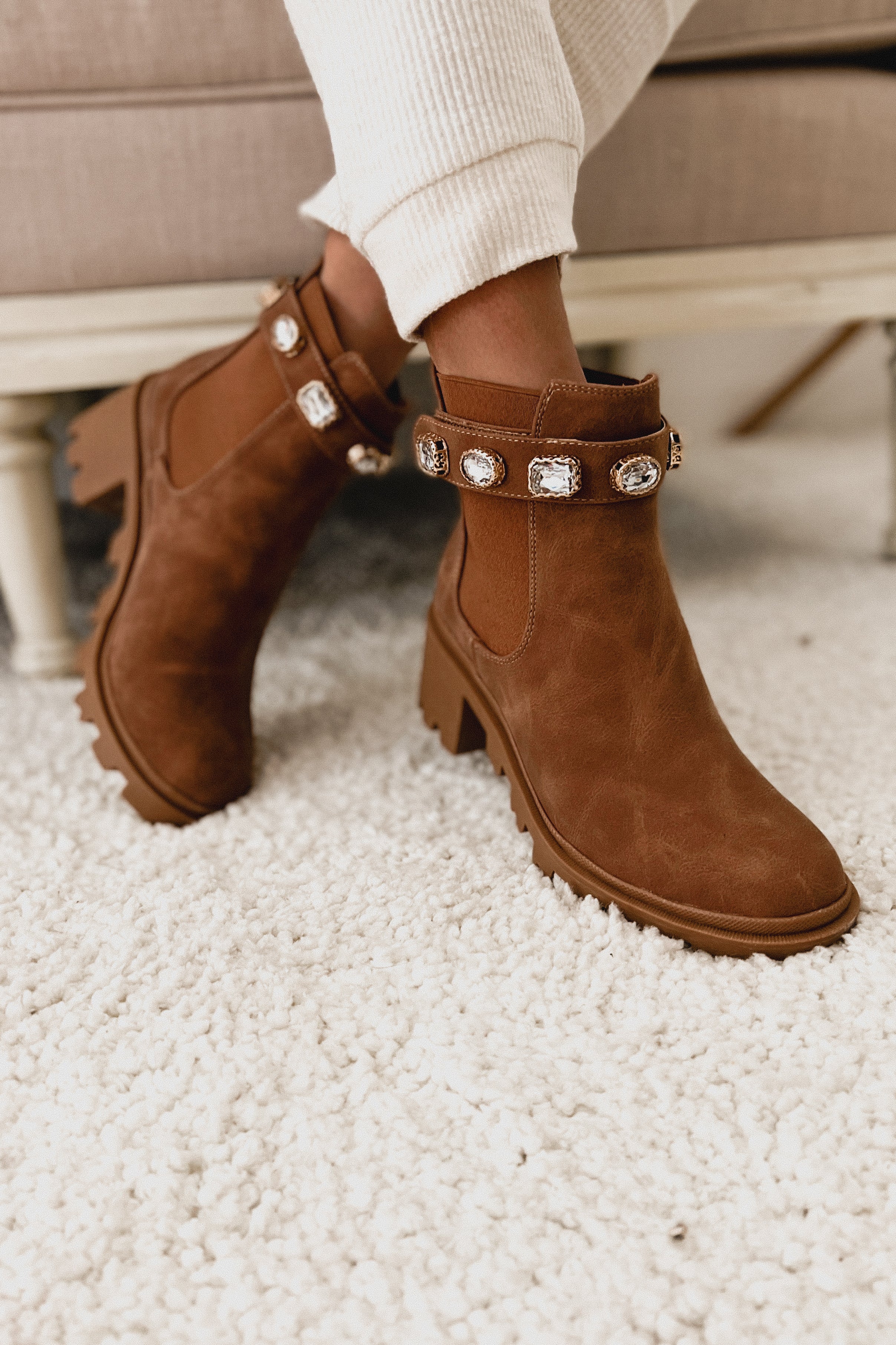 Finished With You Rhinestone Strap Booties (Tan)-The Formal Wear