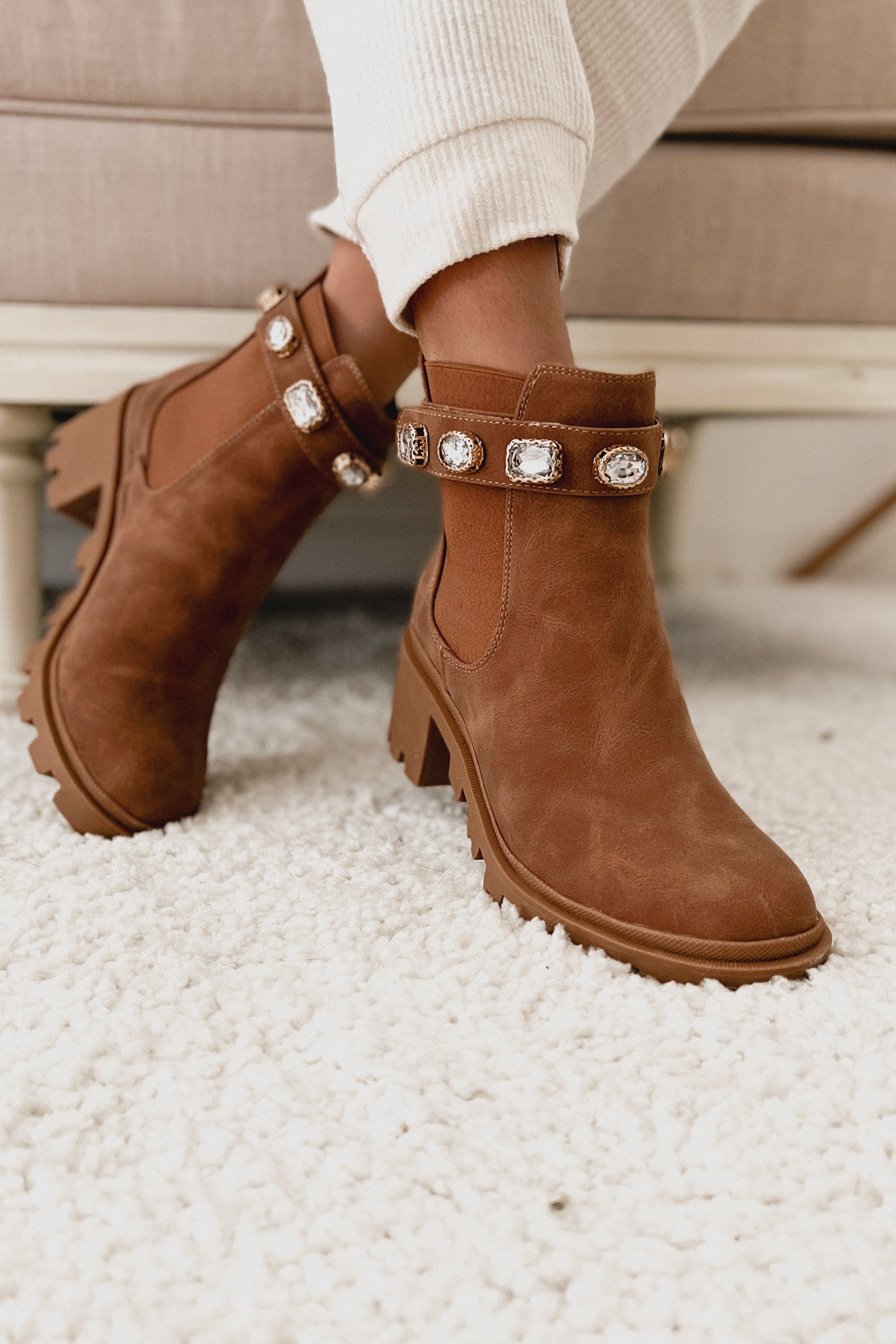 Finished With You Rhinestone Strap Booties (Tan)-The Formal Wear