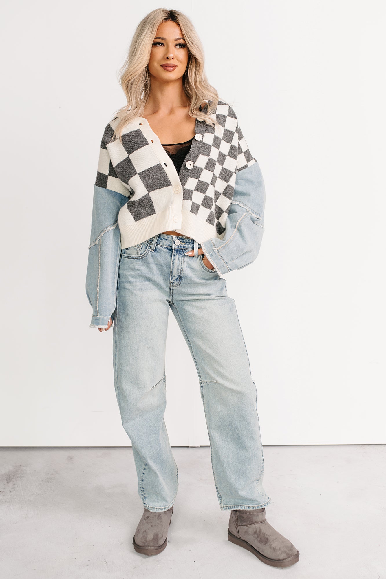 Wild Out Checkered Knit Denim Sleeve Cardigan (Charcoal)-The Formal Wear