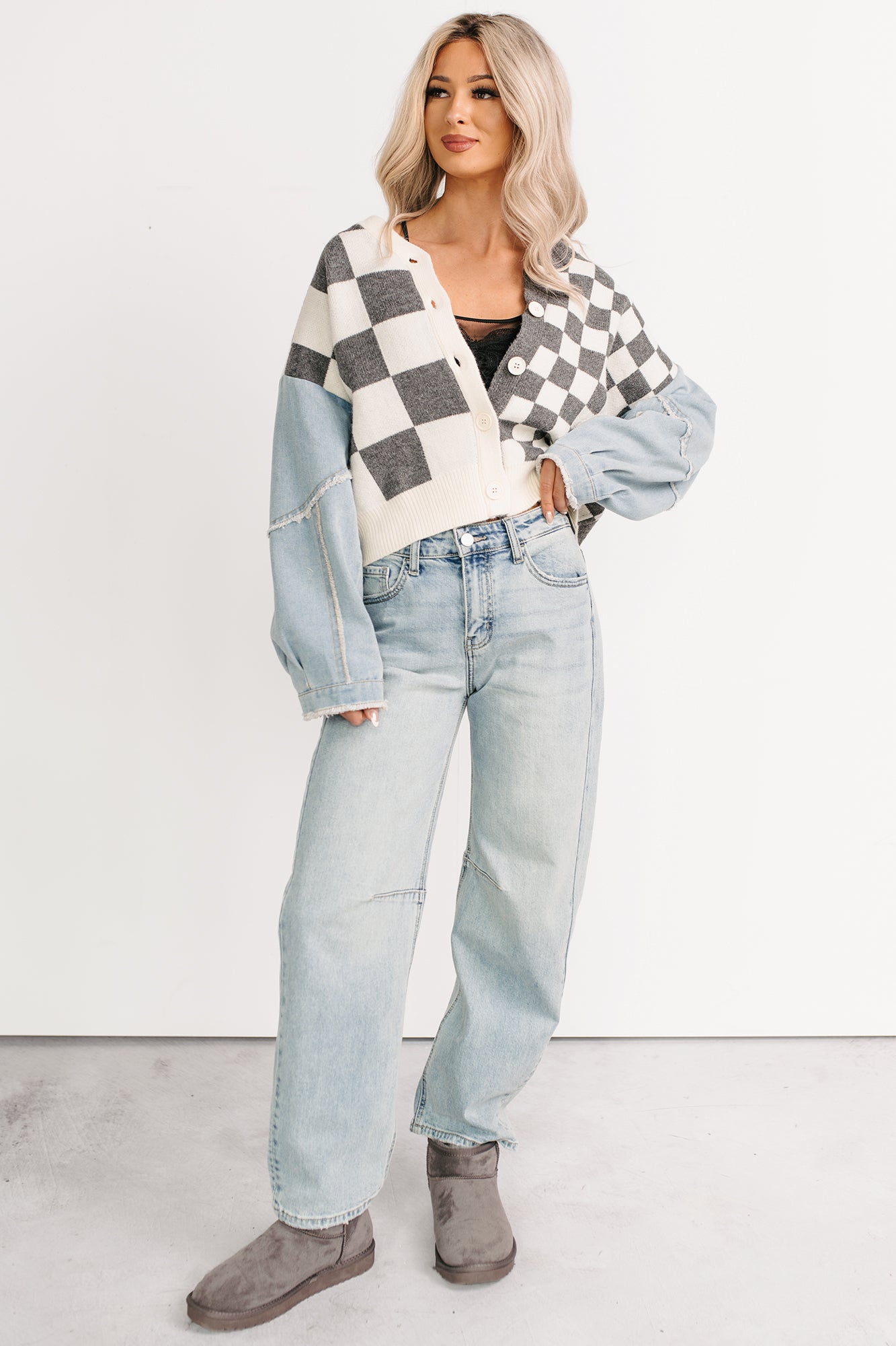 Wild Out Checkered Knit Denim Sleeve Cardigan (Charcoal)-The Formal Wear