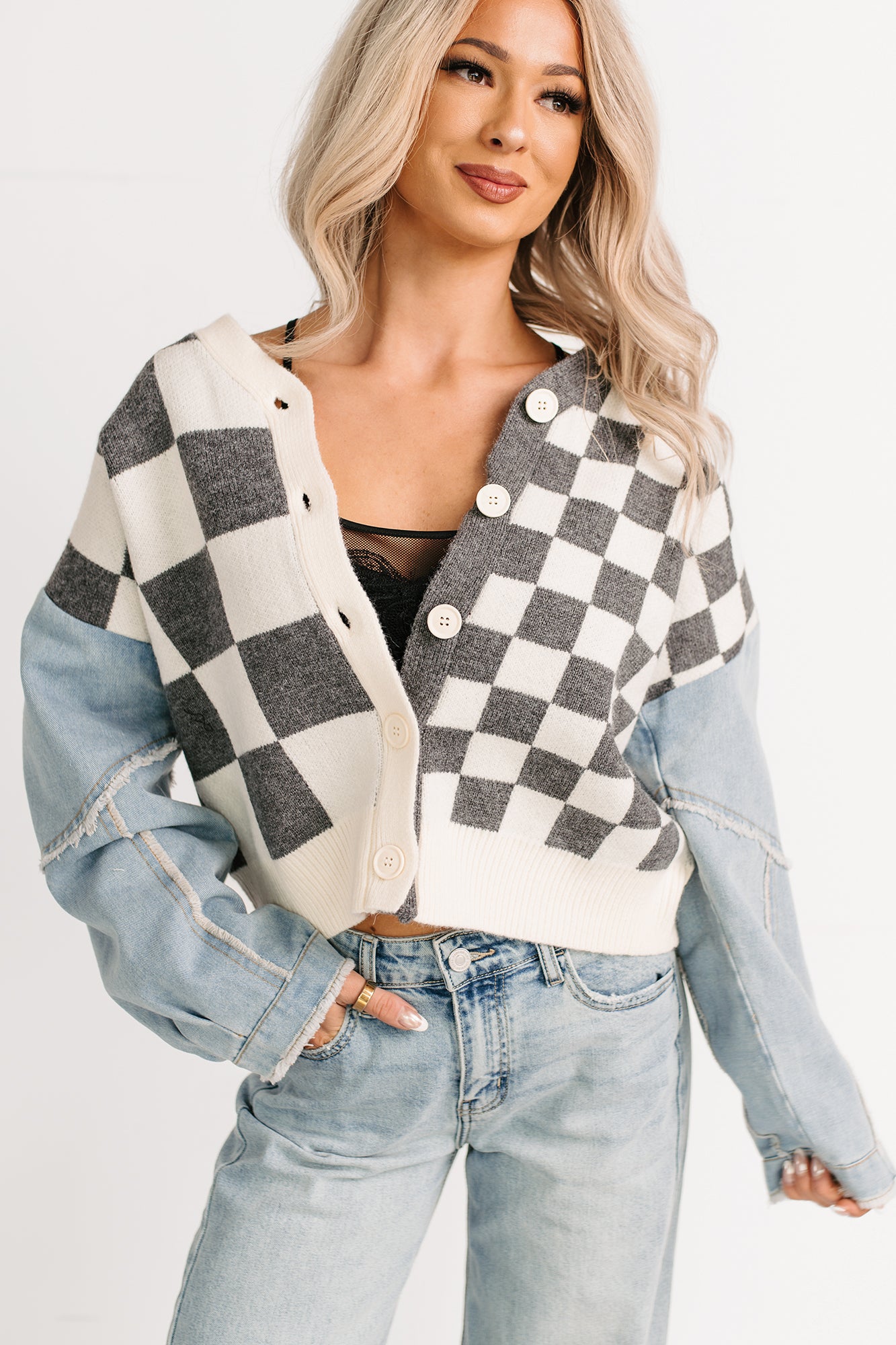 Wild Out Checkered Knit Denim Sleeve Cardigan (Charcoal)-The Formal Wear