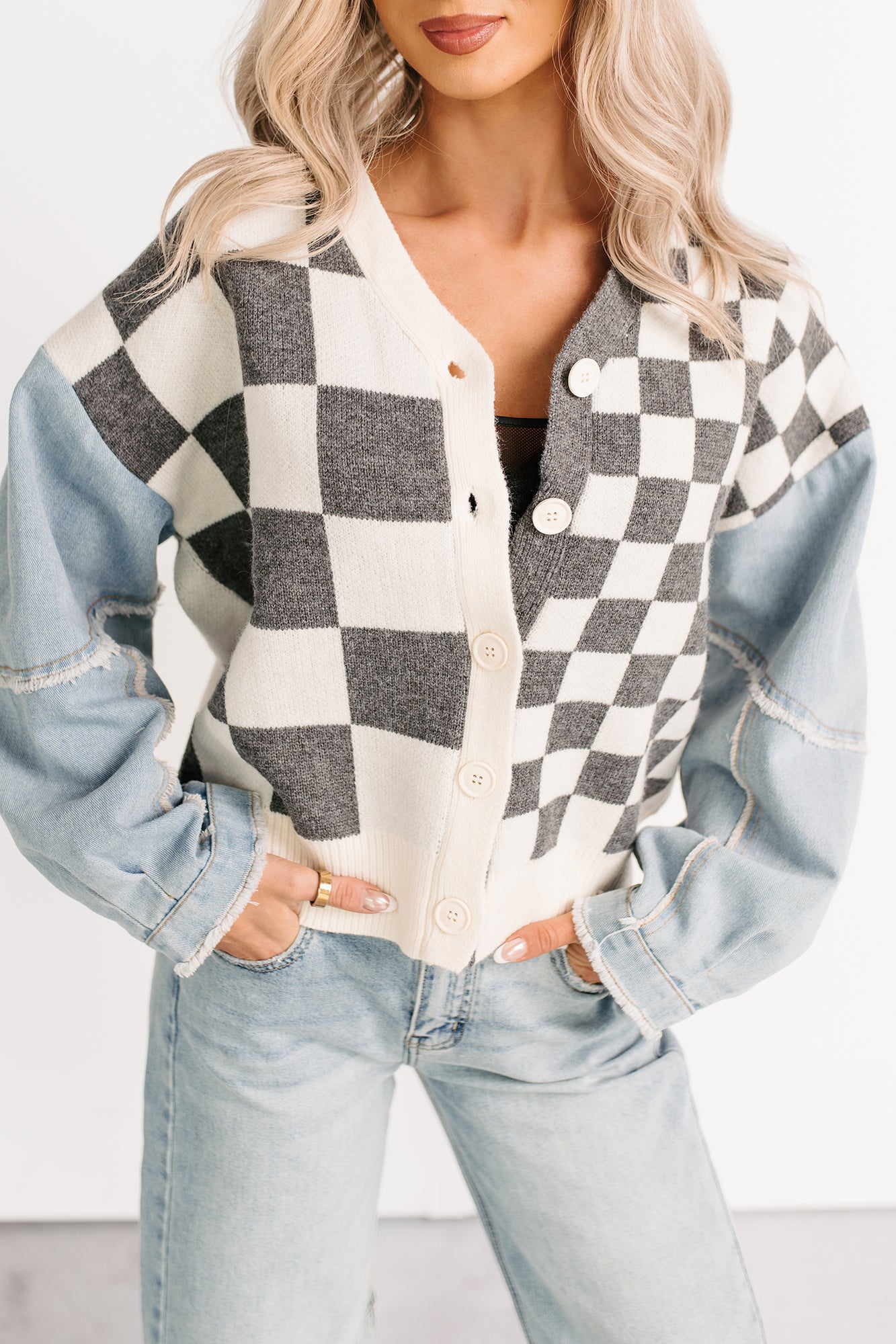 Wild Out Checkered Knit Denim Sleeve Cardigan (Charcoal)-The Formal Wear