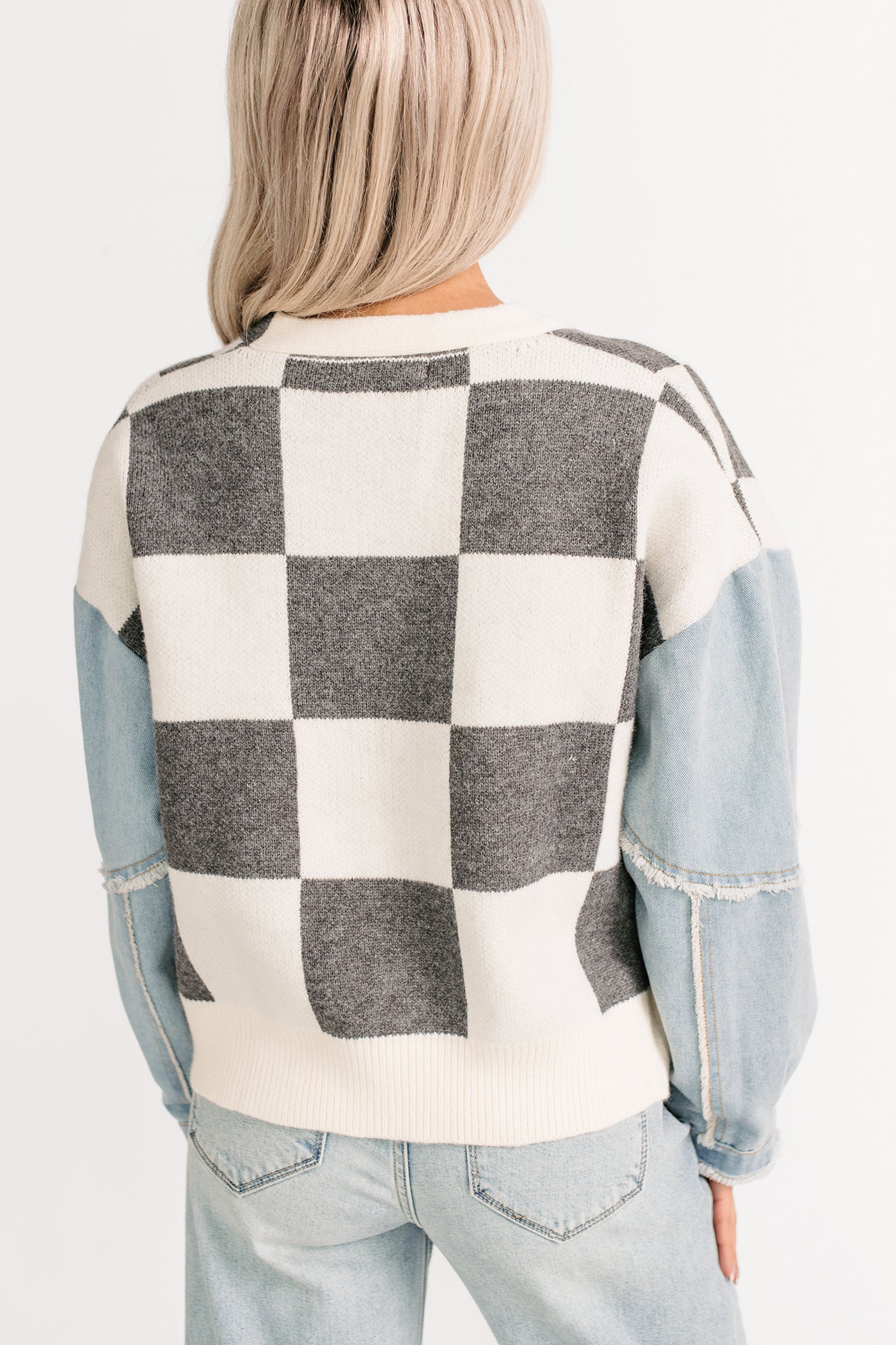 Wild Out Checkered Knit Denim Sleeve Cardigan (Charcoal)-The Formal Wear