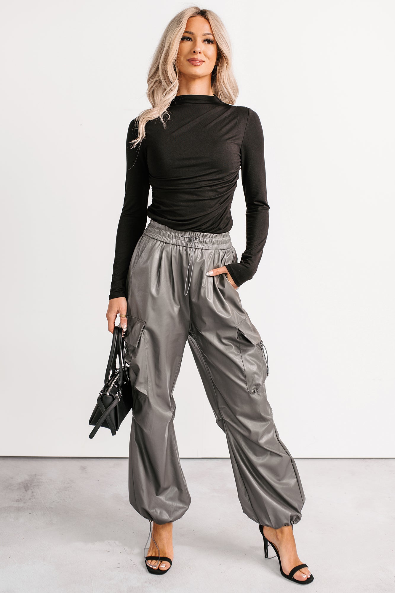 Don't Be Shy Faux Leather Cargo Pants (Grey)-The Formal Wear
