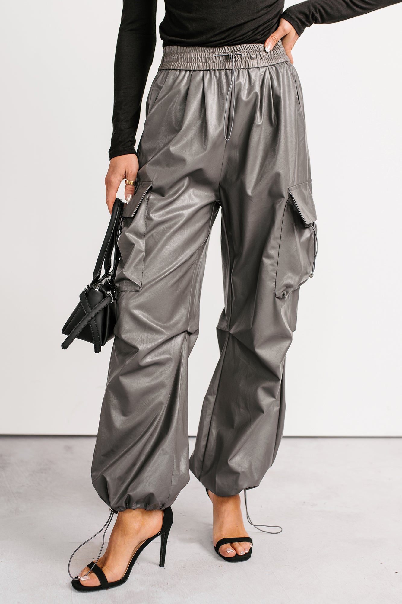 Don't Be Shy Faux Leather Cargo Pants (Grey)-The Formal Wear
