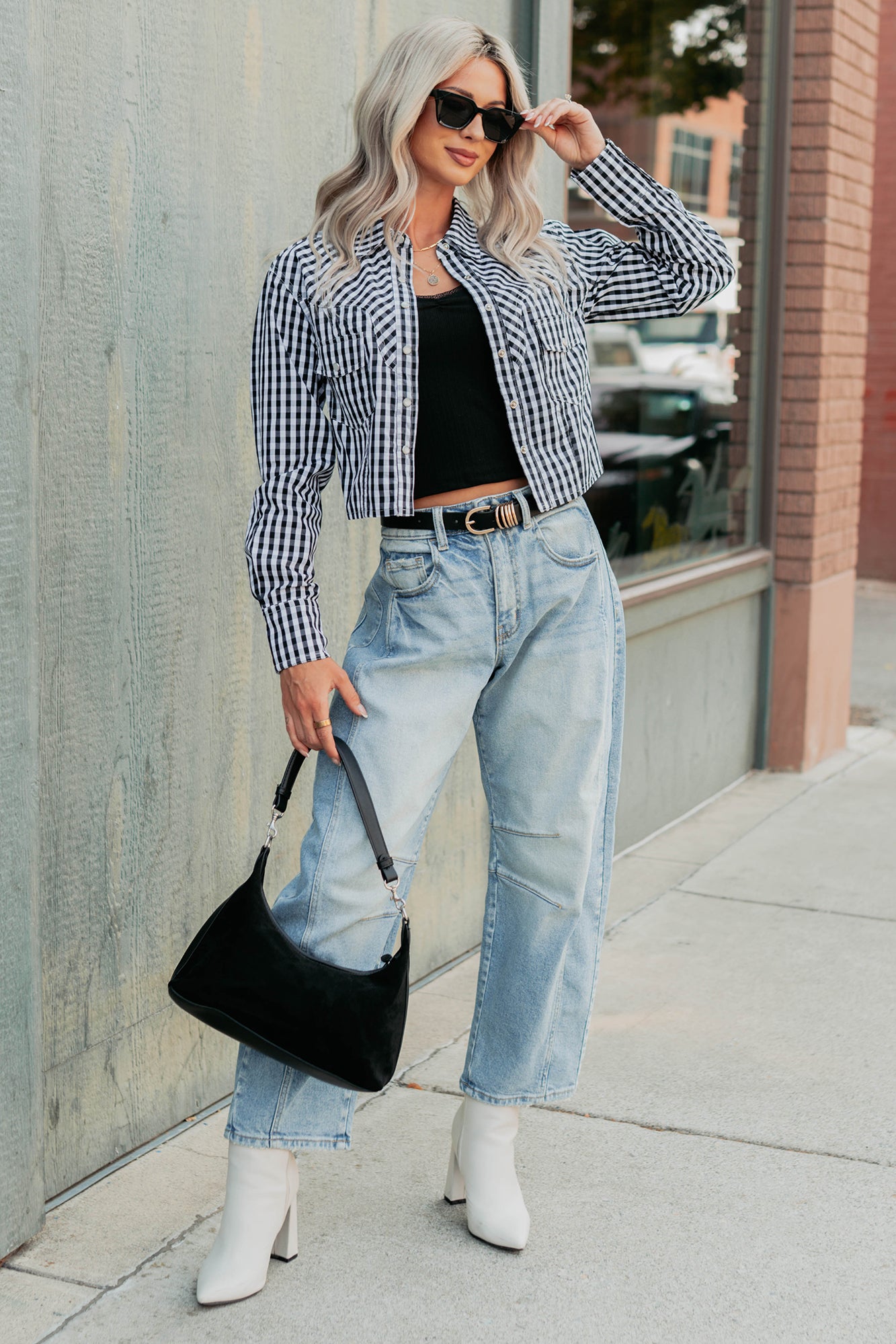 Morning Markets Signature 8 Gingham Crop Shirt (Black)-The Formal Wear