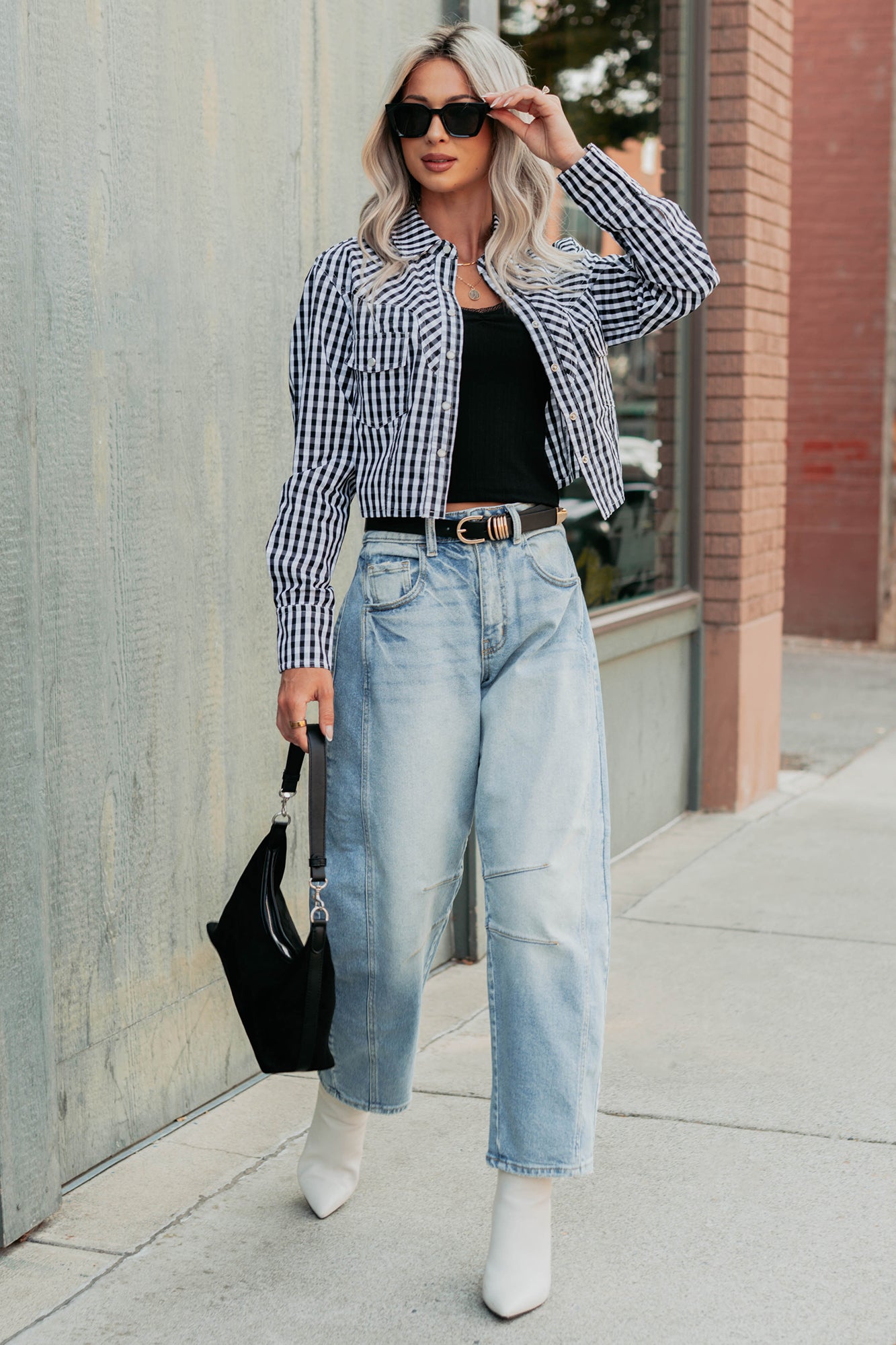 Morning Markets Signature 8 Gingham Crop Shirt (Black)-The Formal Wear