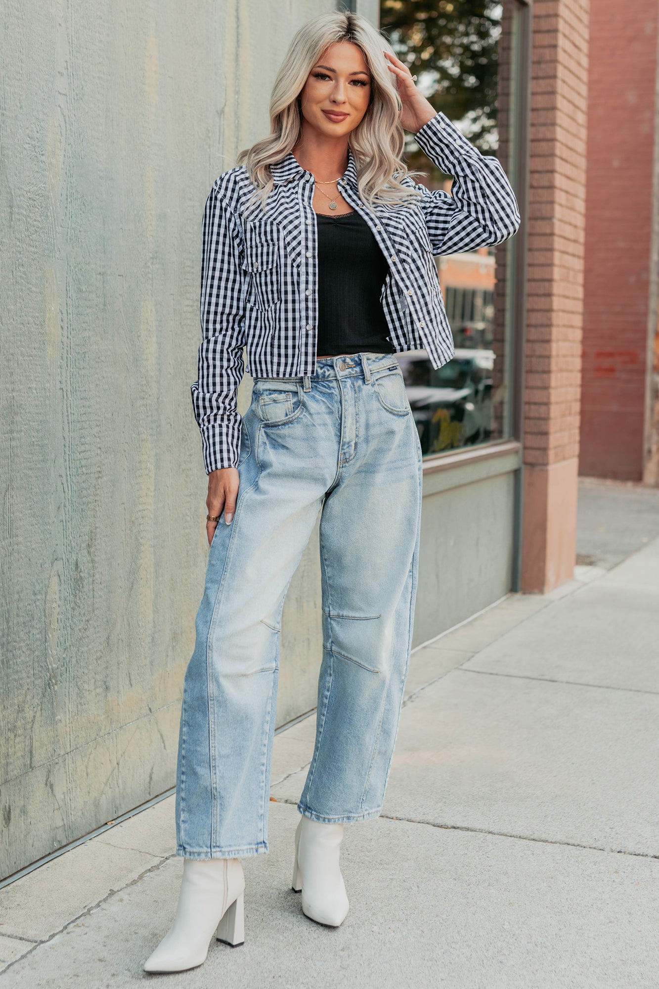 Morning Markets Signature 8 Gingham Crop Shirt (Black)-The Formal Wear