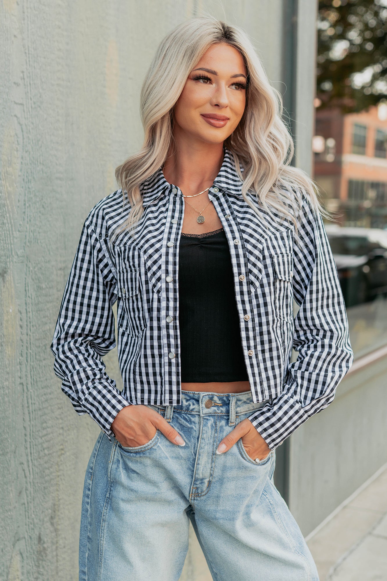 Morning Markets Signature 8 Gingham Crop Shirt (Black)-The Formal Wear