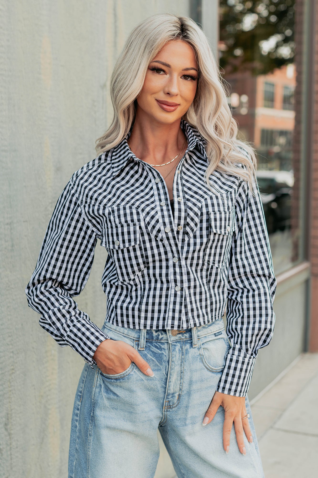 Morning Markets Signature 8 Gingham Crop Shirt (Black)-The Formal Wear