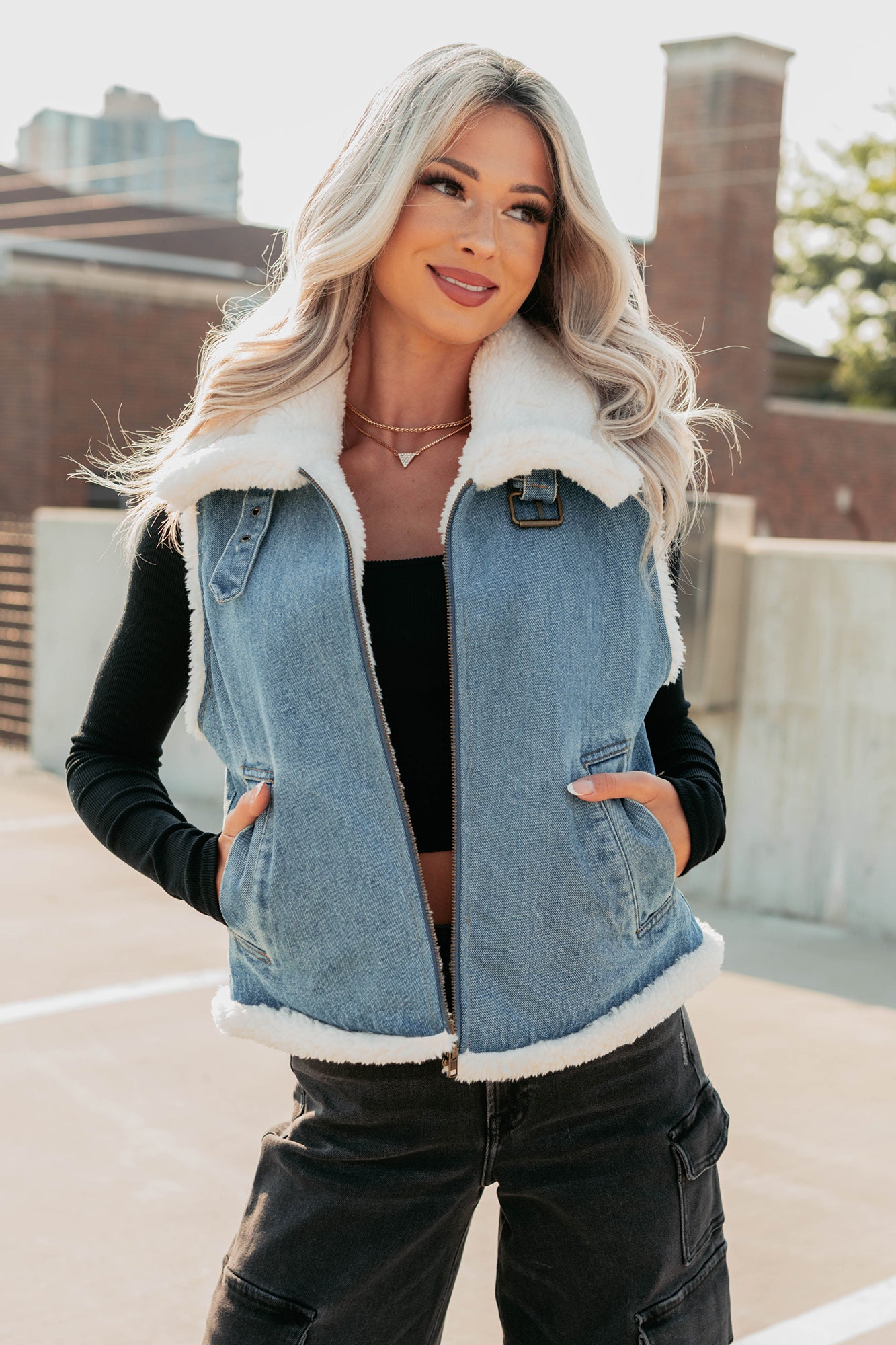 Rewriting Myself Sherpa Denim Vest (Medium Wash)-The Formal Wear