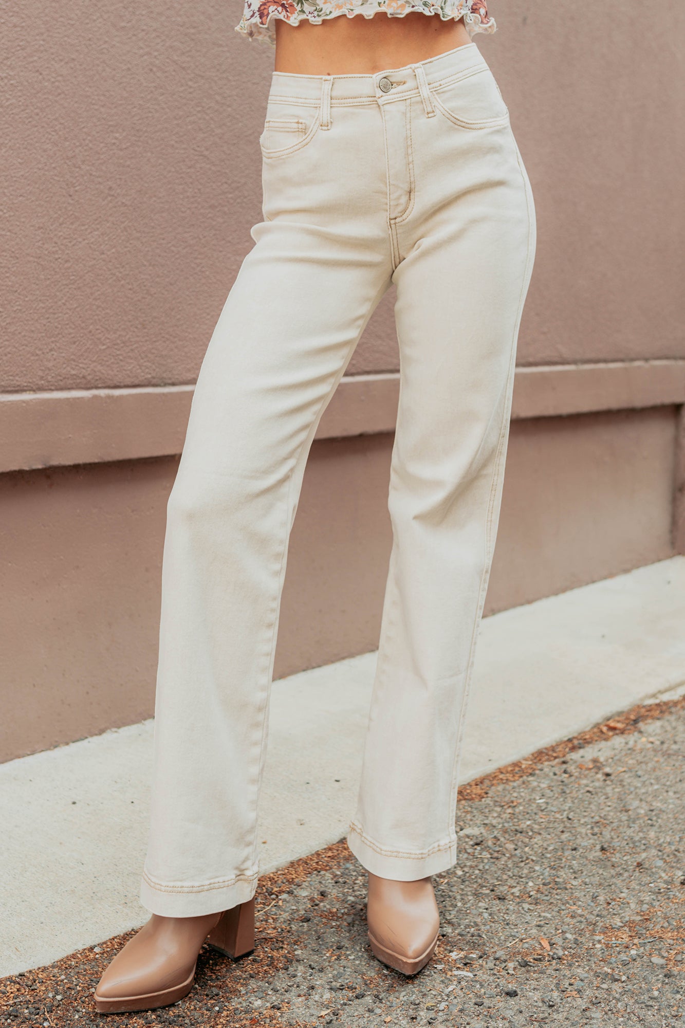 Haven Tummy Control Saige Denim Straight Jeans (Light Beige)-The Formal Wear