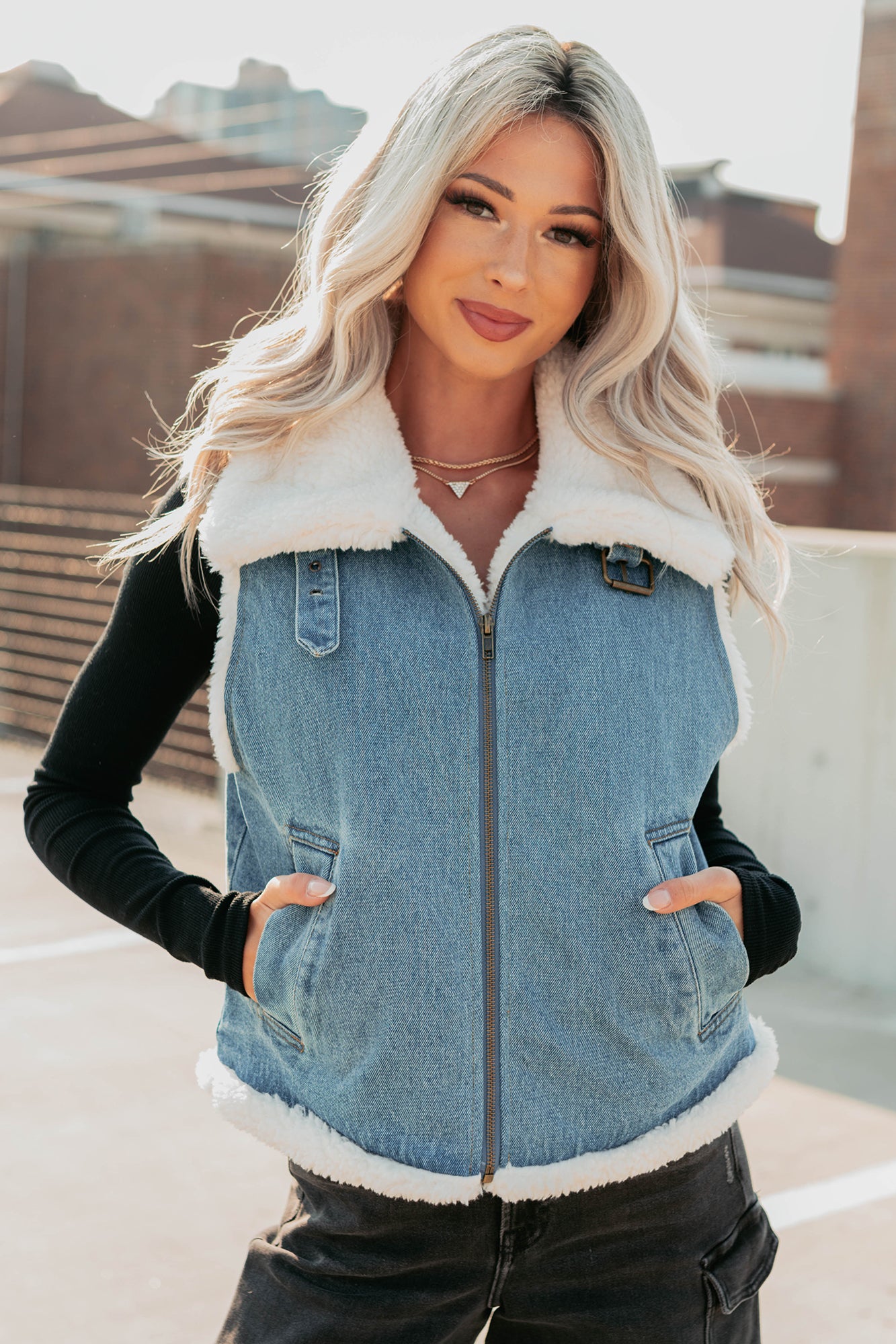 Rewriting Myself Sherpa Denim Vest (Medium Wash)-The Formal Wear