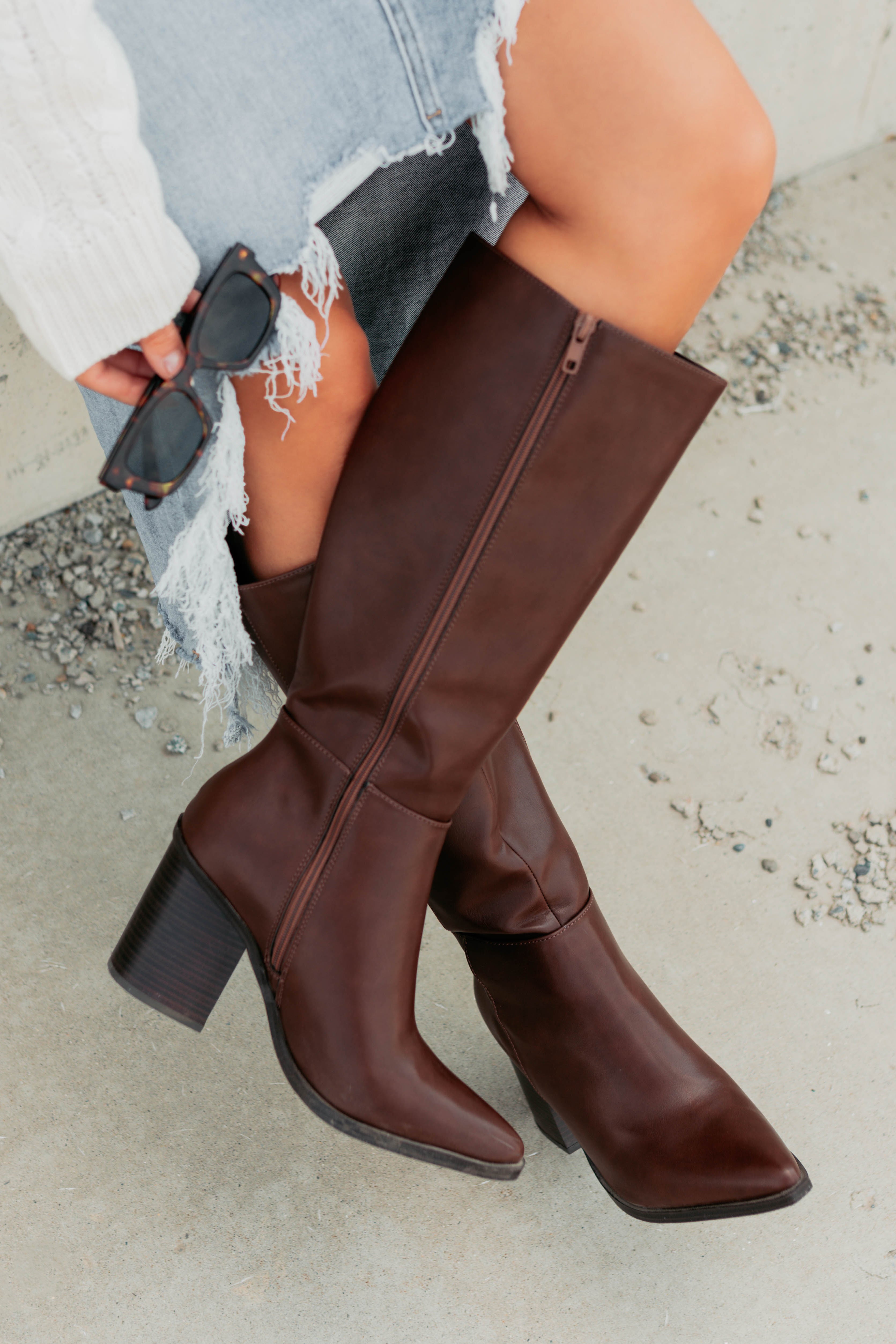Can't Be Blamed Faux Leather Knee High Boots (Brown)-The Formal Wear