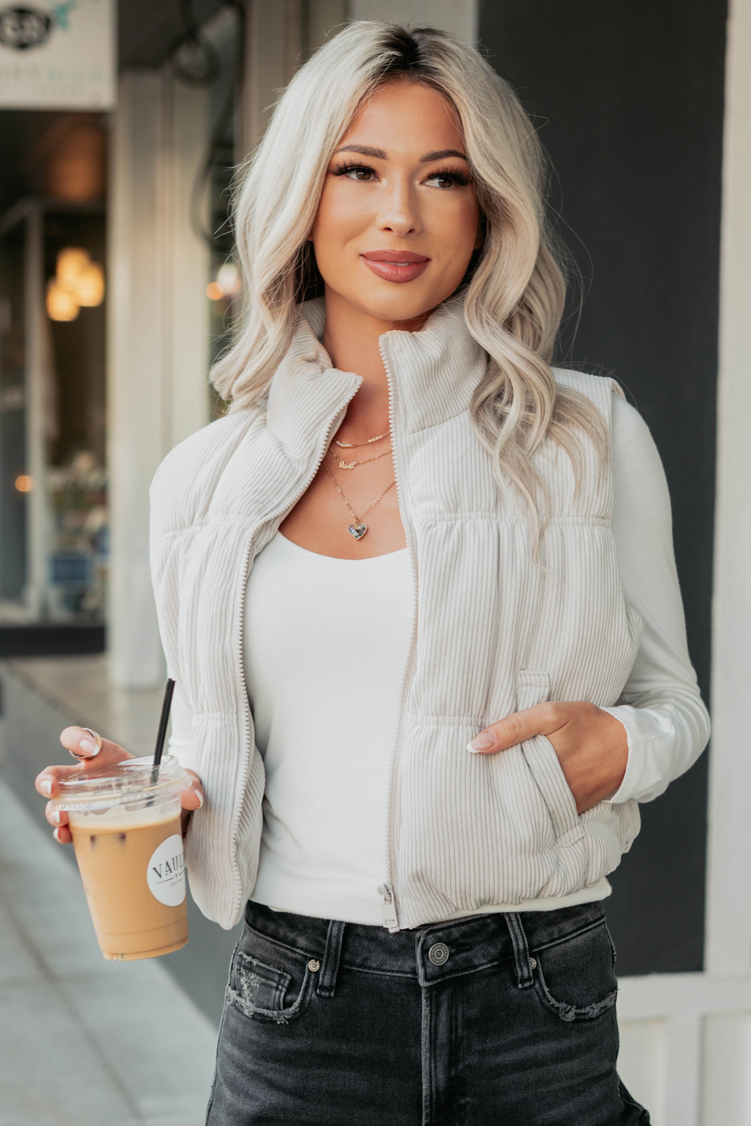 Deep Connections Corduroy Puffer Vest (Cream)-The Formal Wear