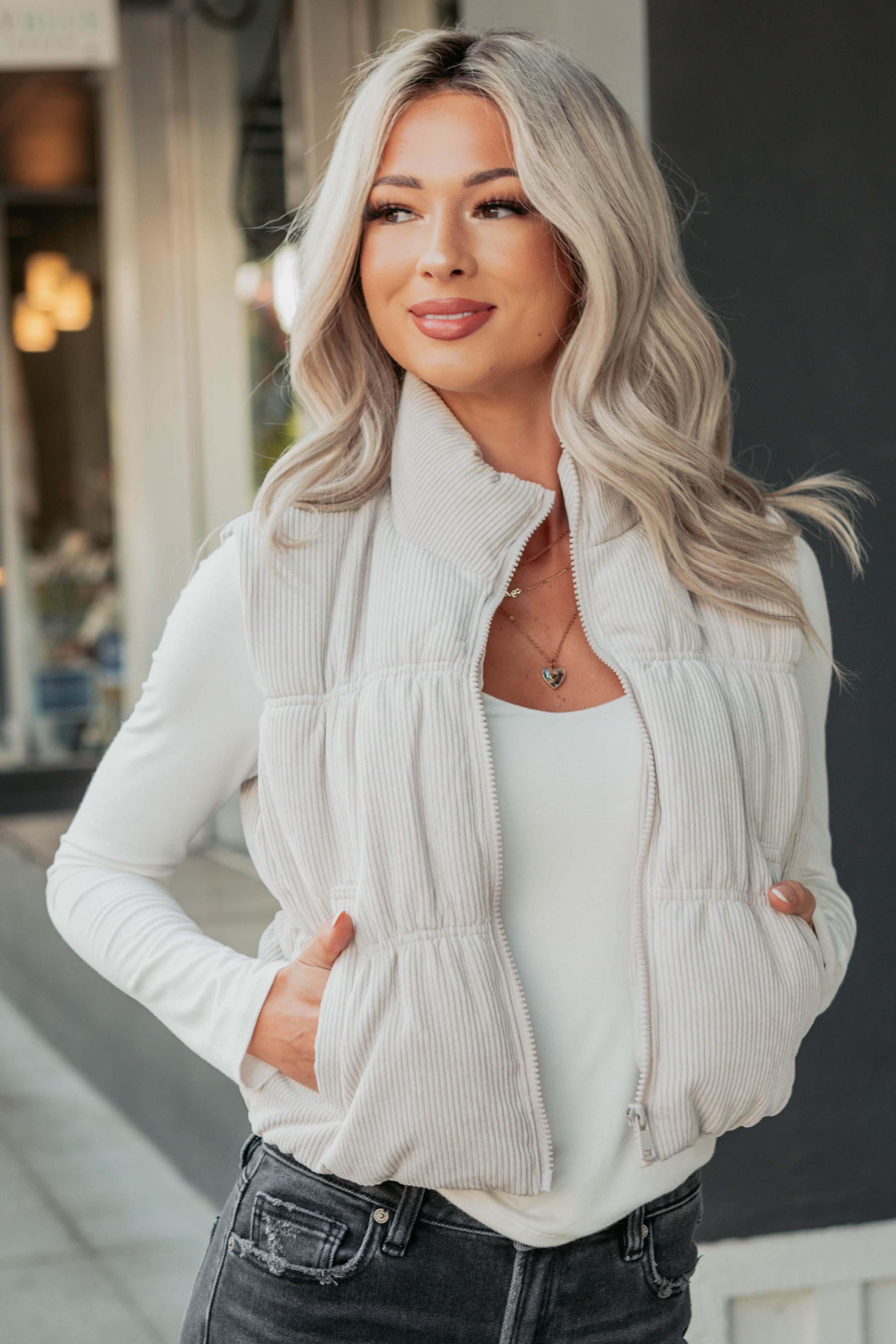 Deep Connections Corduroy Puffer Vest (Cream)-The Formal Wear